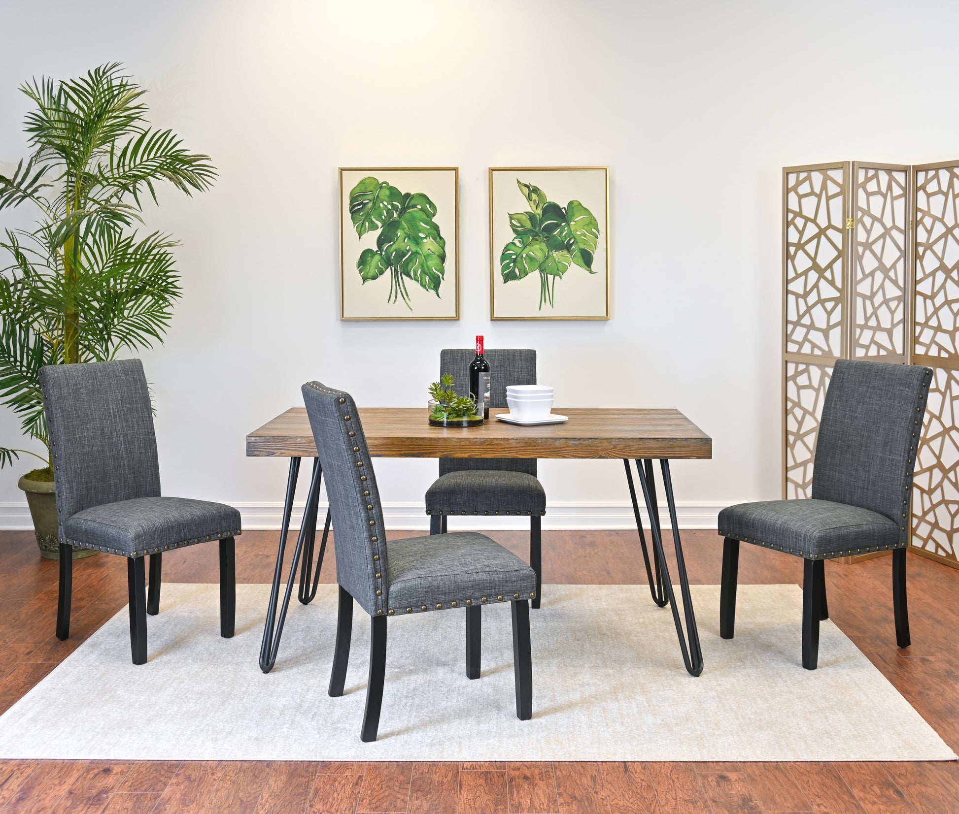 Amisos 5 Piece Dining Set, Hairpin Dining Table With 4 Chairs, 3 Color Options Wood Brown Seats 4 Brown Metal Dining Room Fixed Table Rubberwood Rectangular 4 Leg Rectangular Dining Table With Chair Mdf