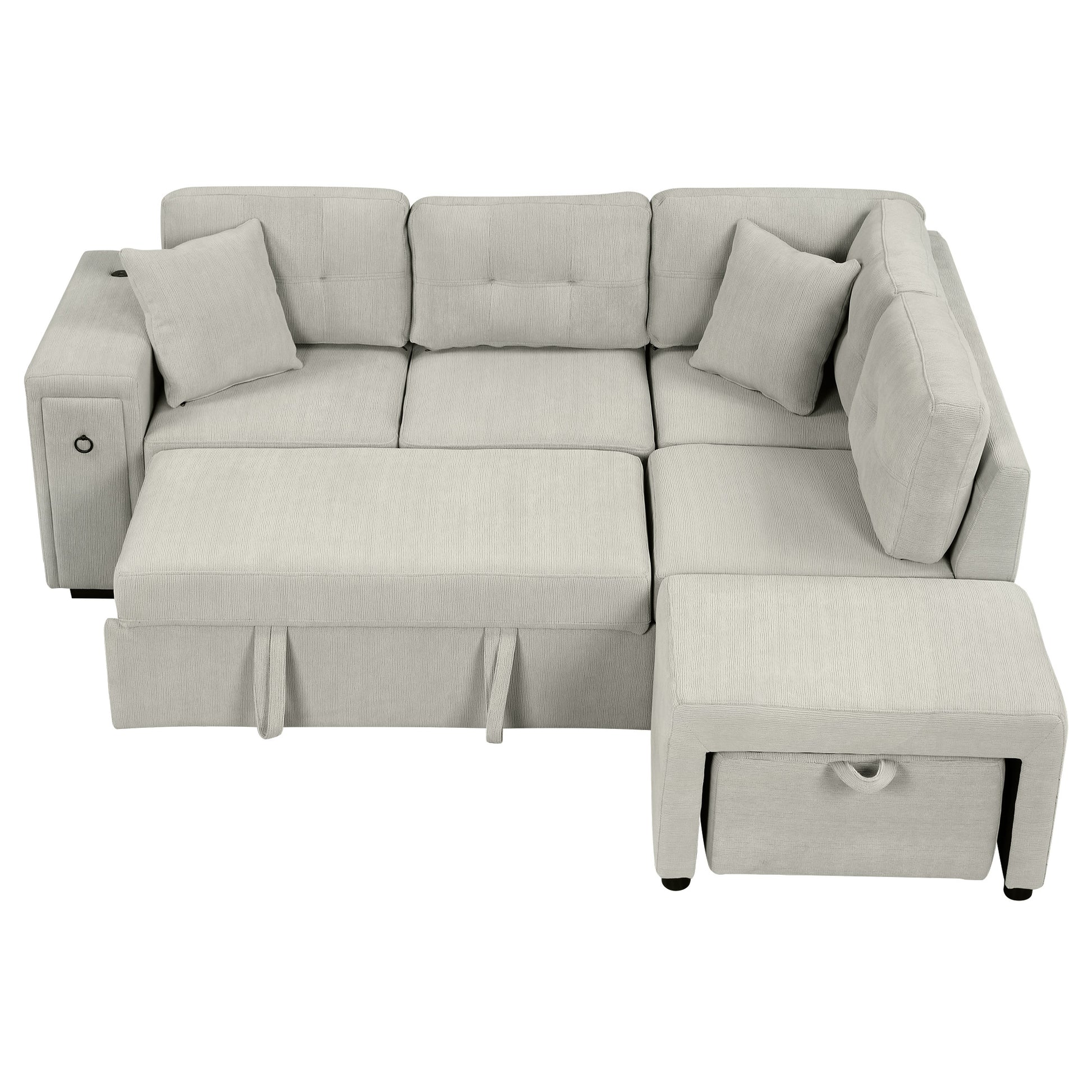 86.6" Sectional Sofa L Shaped Sofa Couch Pull Out Sofa Bed With A Movable Ottoman, Two Usb Ports And Two Cup Holders For Living Room, Gray Grey Foam Chenille 4 Seat