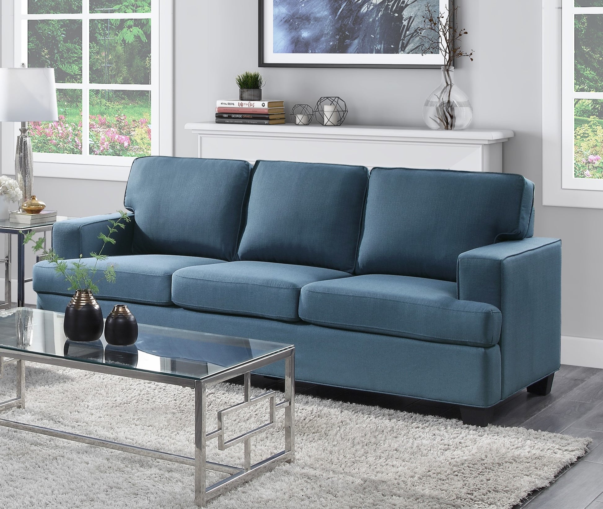 Transitional Style 2Pc Sofa Set Blue Textured Fabric Upholstered Sofa And Loveseat Track Arms Solid Wood Frame Living Room Furniture 1Pc Blue Polyester Wood Primary Living Space Transitional Square Arms Plywood,Solid Wood 5 Seat