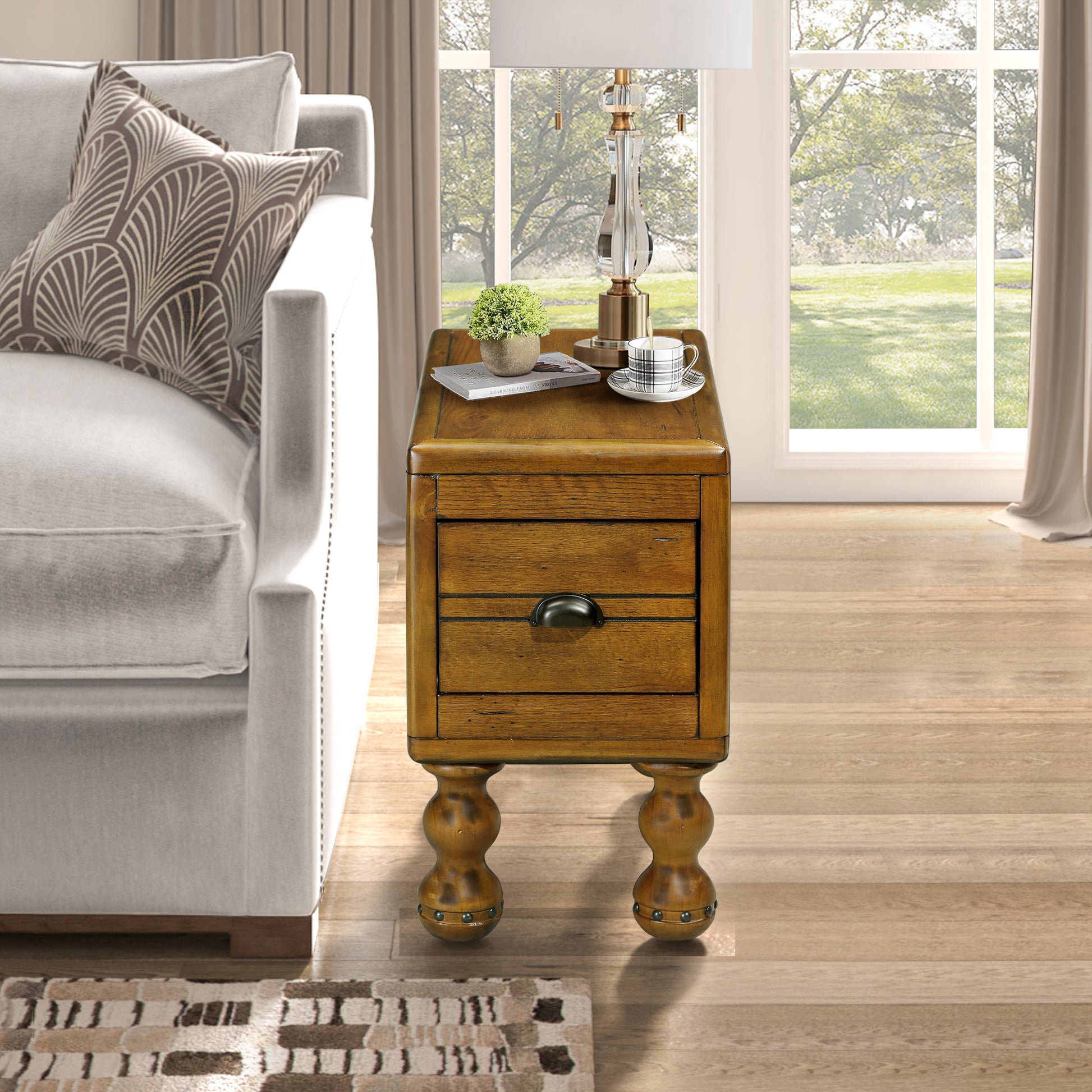 Solid Wood End Table, Rectangle 23.6 Inch Narrow Side Table With Drawer, Vintage Bedside Table Nightstand For Small Spaces, Living Room, Bedroom, Easy Assembly, Antique Brown Antique Brown Pine