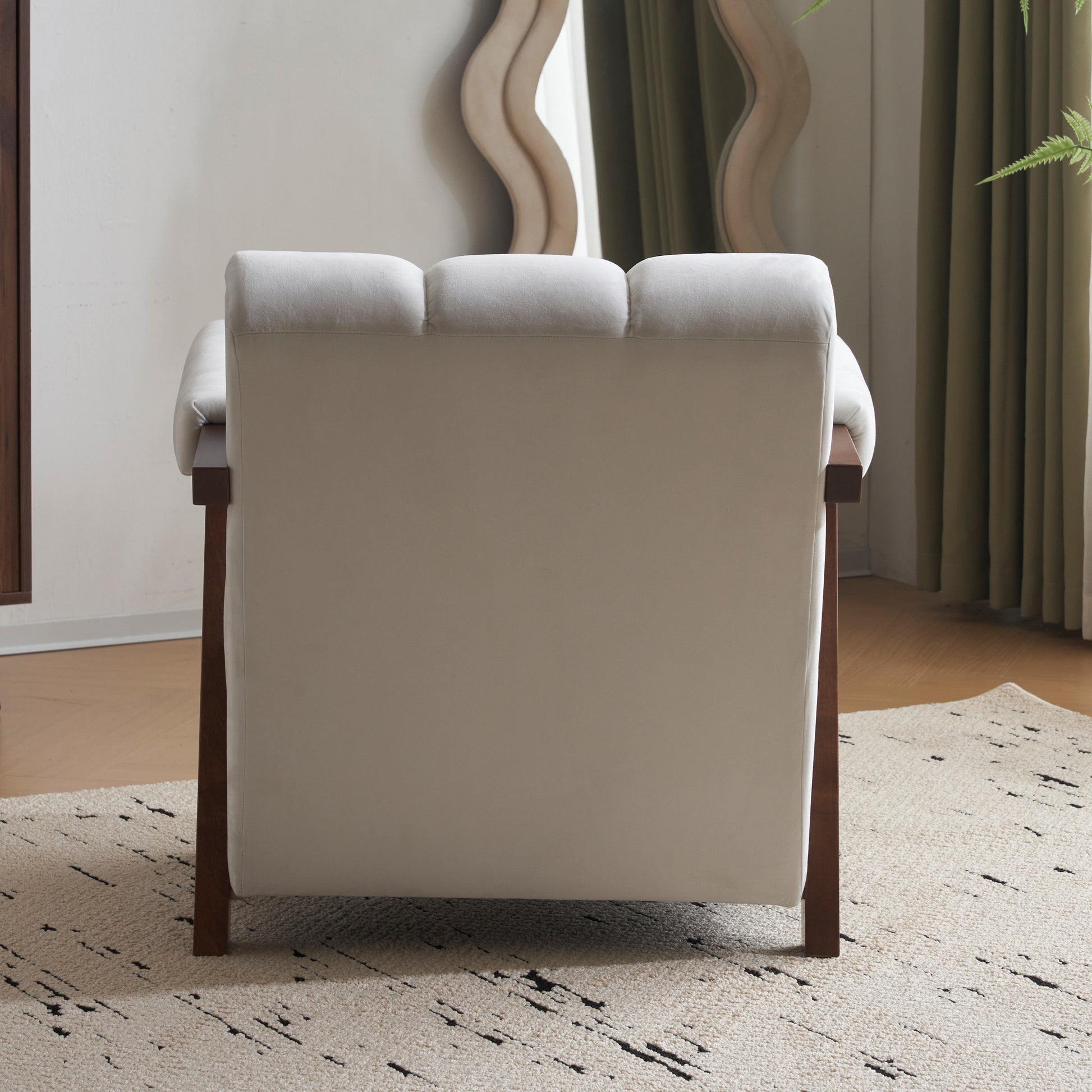 Mid Century Modern Accent Chair With Solid Wood Frame, Upholstered Living Room Chairs With Thick Cushion, Comfy Tufted Arm Chair For Bedroom, Living Room, Velvet, Ivory Ivory White Velvet