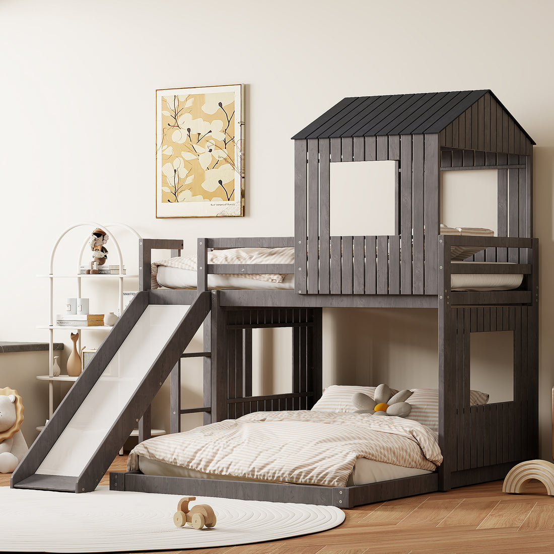 Wooden Twin Over Full Bunk Bed, Loft Bed With Playhouse, Farmhouse, Ladder, Slide And Guardrails, Antique Gray Old Sku :Lt000028Aae Twin Antique Gray Solid Wood