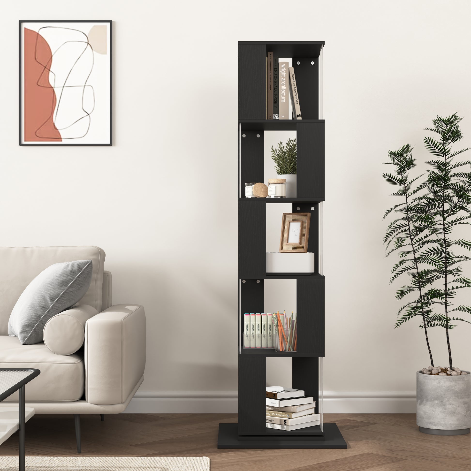 5 Tier Rotating Bookshelf, Floor Rack Simple Bookcase With Acrylic Plate Student Multi Function Creative Bookshelf For Living Room With Anti Toppling Base Black Particle Board