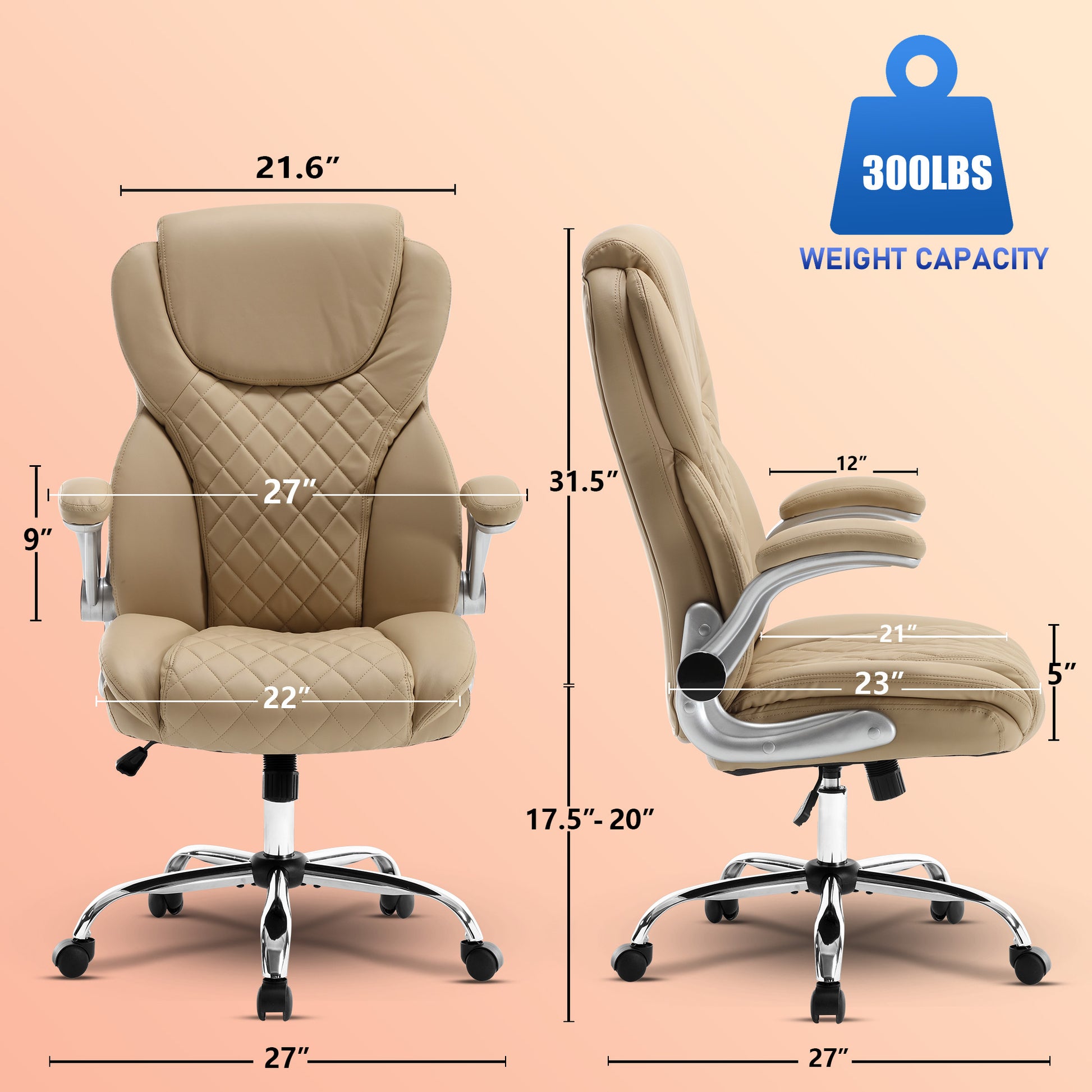 Ergonomic Office Chair With Flip Up Armrests And Wheels, Leather Rocking Executive Office Chair Beige Foam Pu Leather