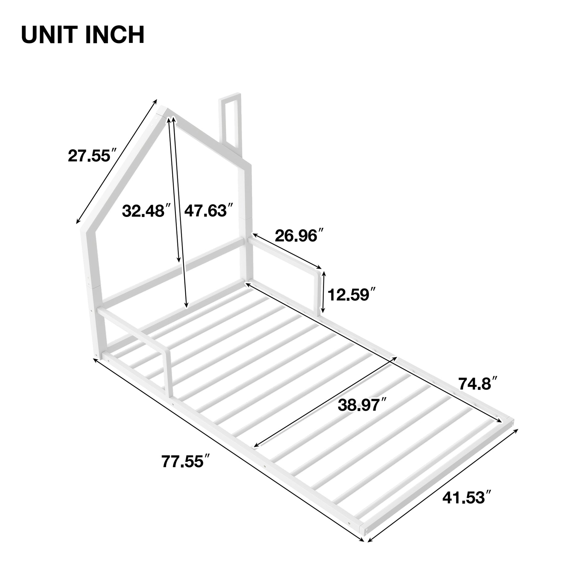 Twin Size Metal Floor Bed With House Shaped Headboard, White Box Spring Not Required Twin White Metal Bedroom Bed Frame Metal