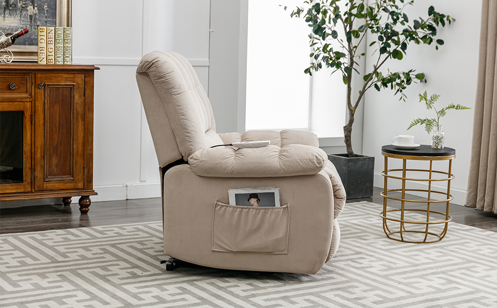 Massage Recliner Chair Electric Power Lift Recliner Chairs With Heat, Vibration, Side Pocket For Living Room Bedroom, Beige Beige Velvet