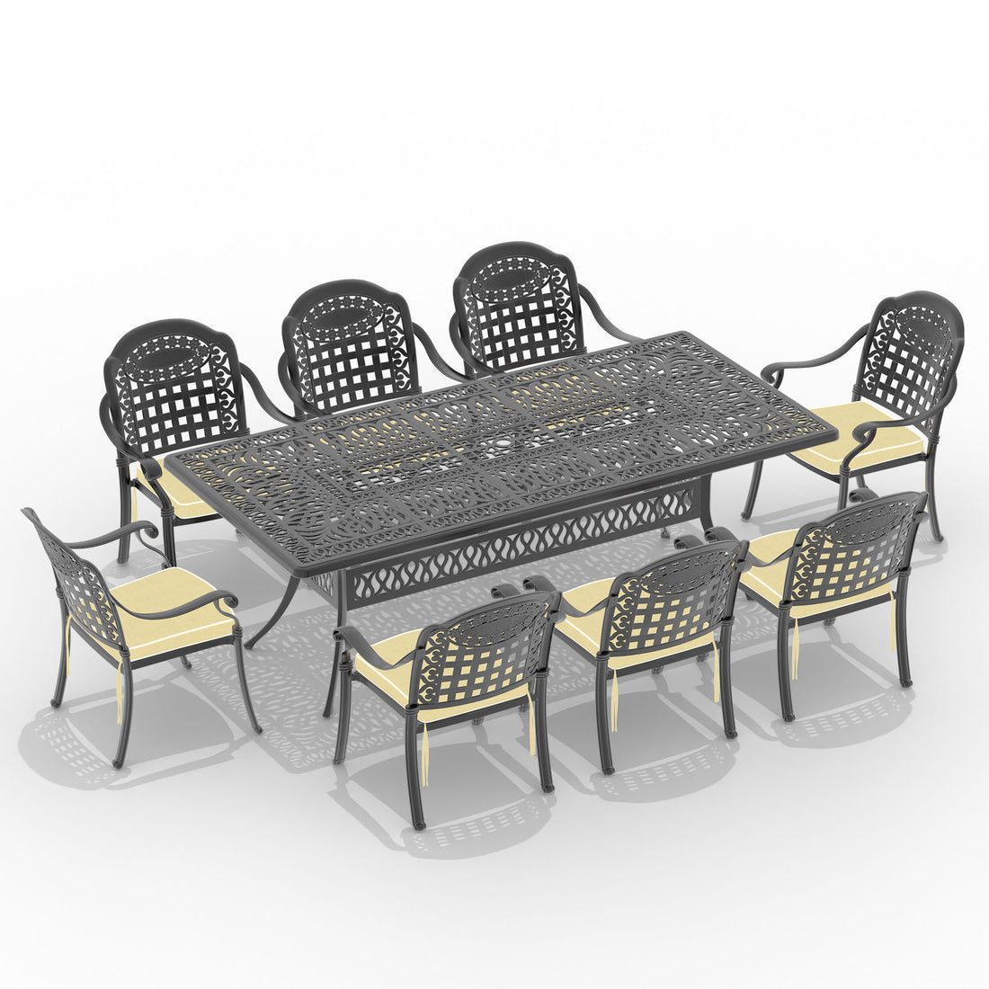 Cushions In Random Colors 9 Piece Set Of Cast Aluminum Patio Furniture With Cushions Yes Dining Set Black Seats 8 Rust Resistant Frame Water Resistant Cushion Garden & Outdoor Complete Patio Sets Aluminium