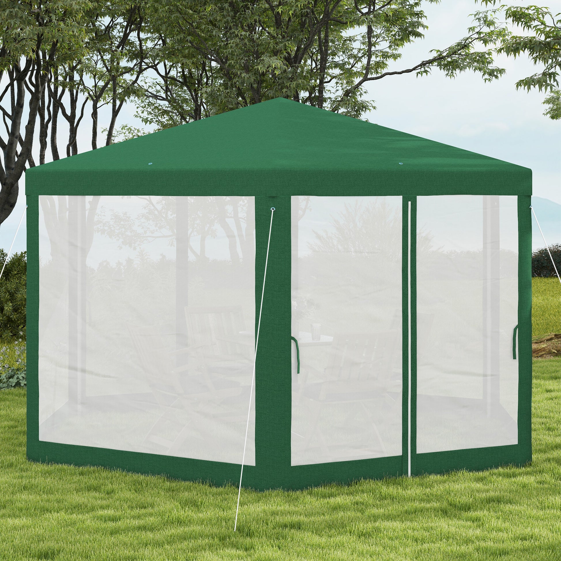 Outsunny 13' X 11' Outdoor Party Tent, Hexagon Sun Shade Shelter Canopy With Protective Mesh Screen Sidewalls, Ropes & Stakes, Green Green Steel