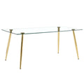 Table And Chair Set.Modern Rectangular Glass Dining Table With Tempered Glass Countertop And Golden Metal Legs, Paired With Multiple Transparent High Quality Pet Dining Chairs With Golden Legs. Gold Seats 8 Tempered Glass