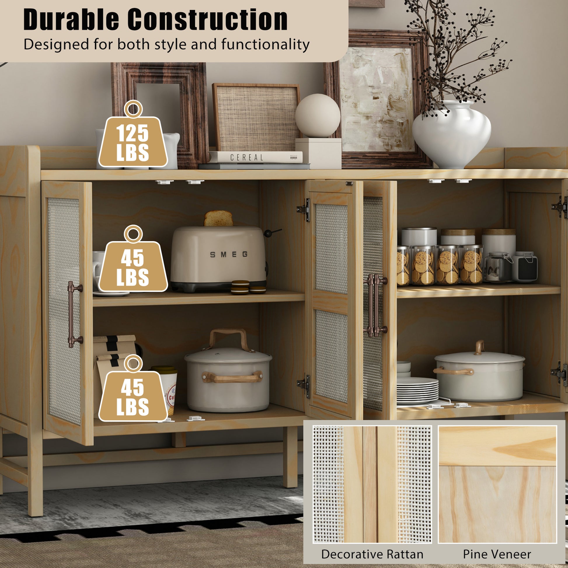 Sideboard Rustic Buffet Cabinet, Sideboard Cabinet With Decorative Rattan Doors, Buffet Cabinet With Storage For Entryway Dining Room Kitchen Living Room, Natural Natural Mdf