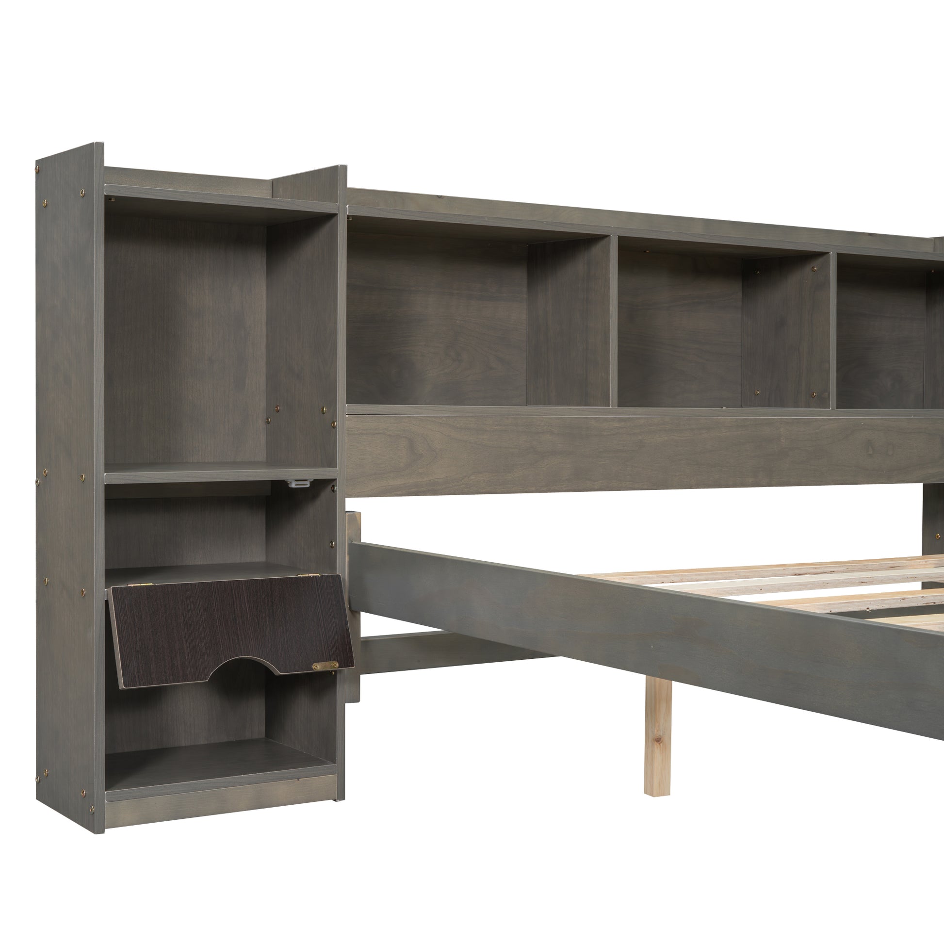 Queen Size Wood Platform Bed With Multi Storage Headboard And A Drawer, Gray Box Spring Not Required Queen Gray Wood Bedroom Bed Frame Solid Wood Mdf