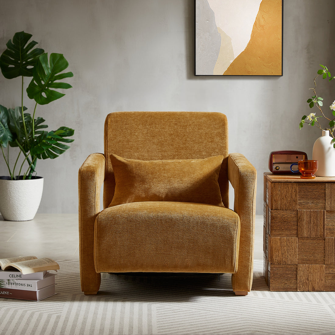 Mirod Sleek Right Angle Armrests, Ergonomic Lumbar Support, Square Wooden Block Legs, Inclined Seat For Comfort, Artistic Statement Piece For Living Room,Bedroom And Study Yellow Chenille