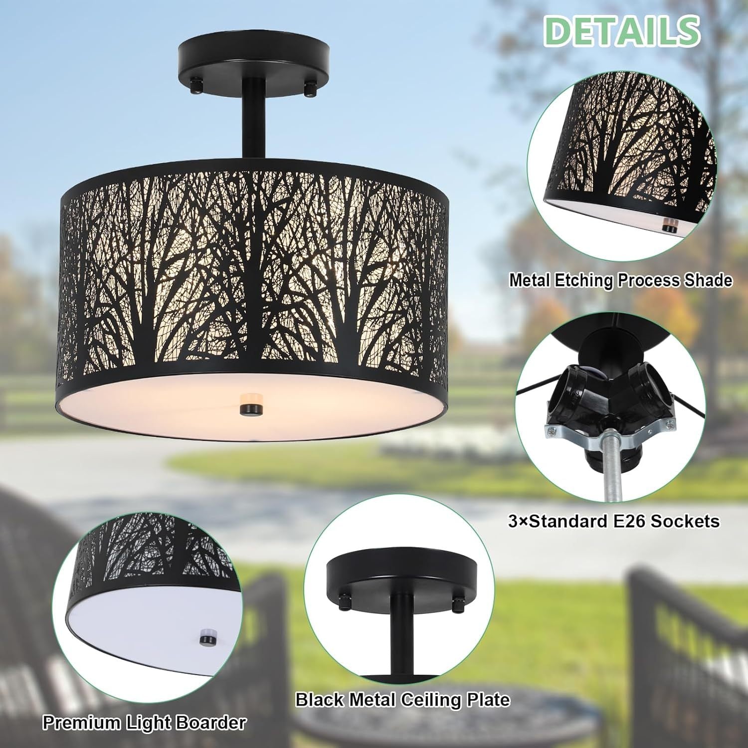 3 Light Drum Light With Etched Pattern Shade Black Iron