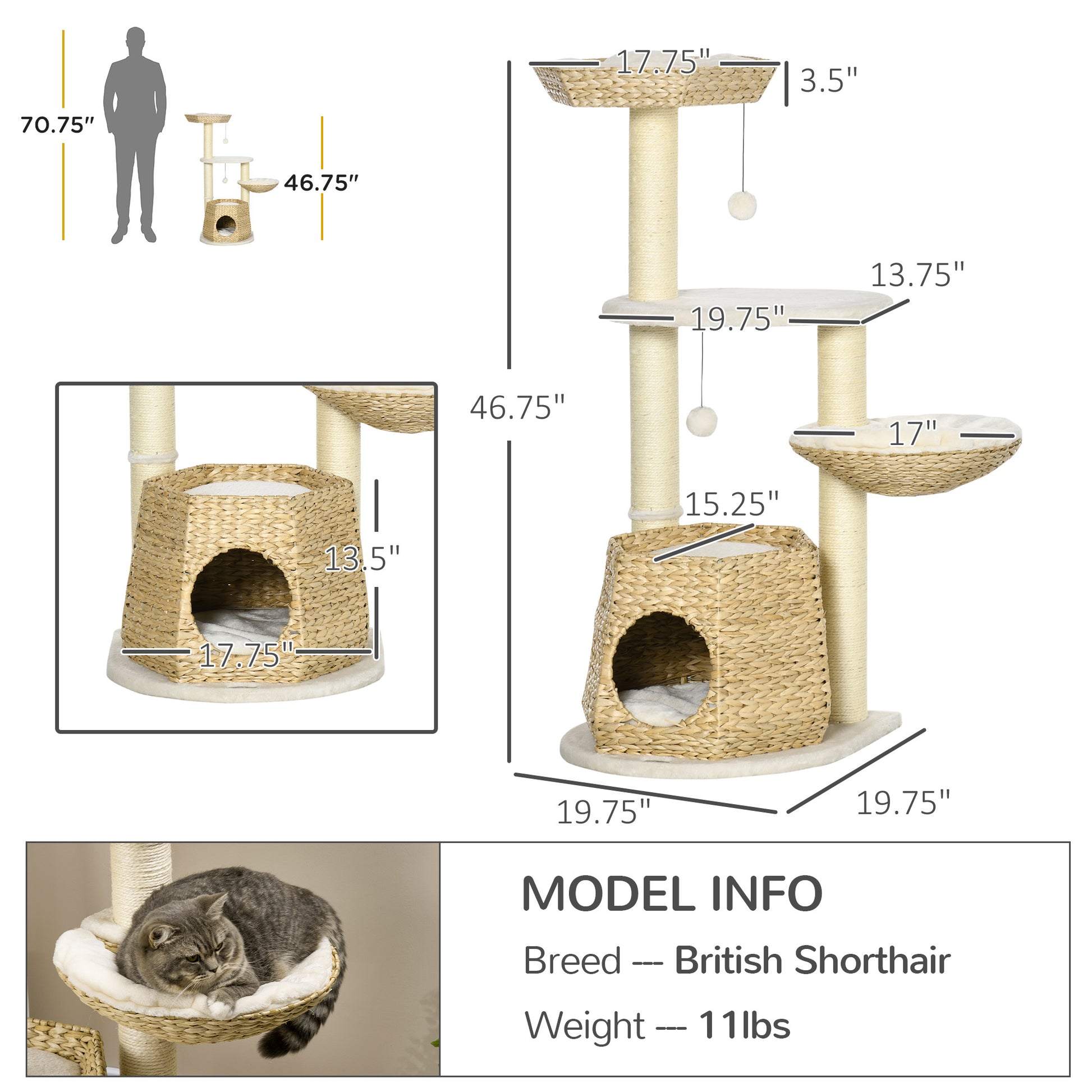 Pawhut 47" Cat Tree Kitty Activity Center, Cat Climbing Toy With Cattail Fluff, Bed, Condo, Sisal Scratching Post, And Hanging Ball, Natural Natural Wood Particle Board