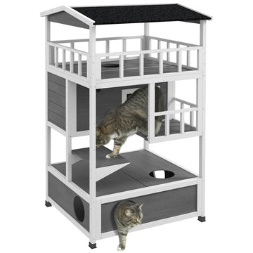 Pawhut Wooden Outdoor Cat House, Feral Cat Shelter Kitten Condo With Asphalt Roof, Escape Doors, Condo, Jumping Platform, Light Gray Light Gray Wood