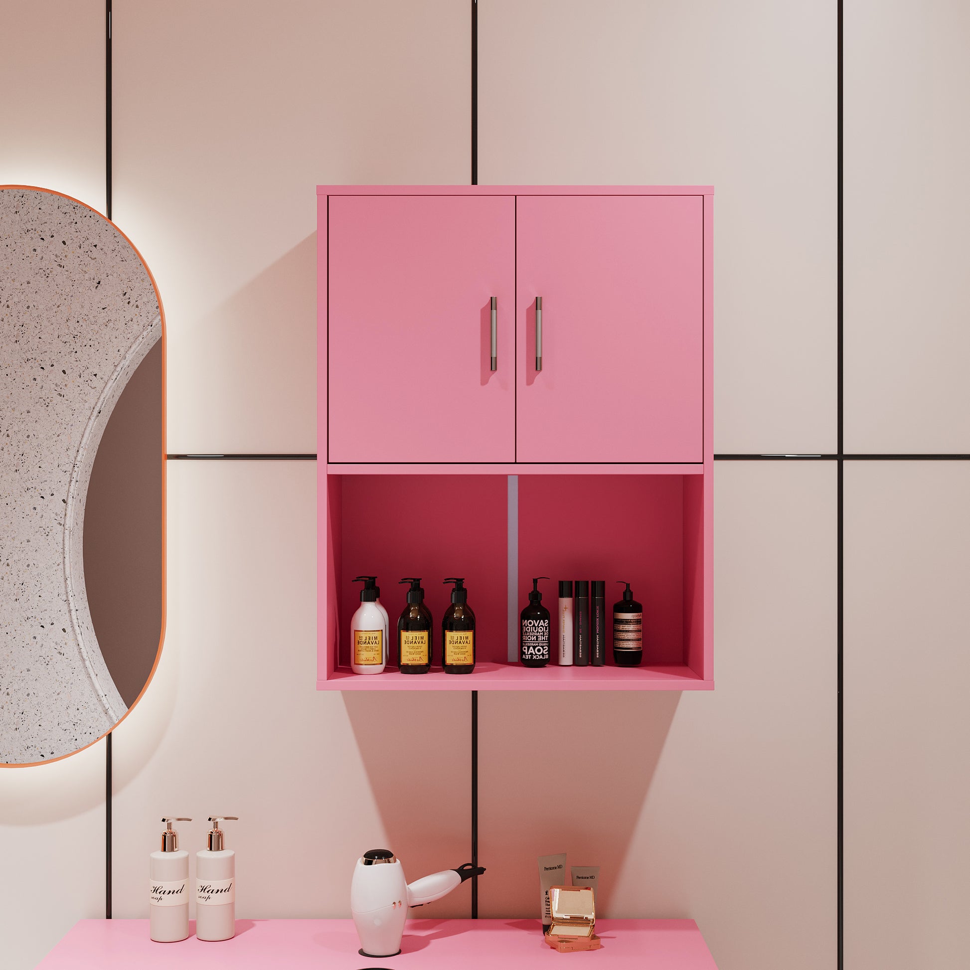 Wall Mounted Barber Shampoo Station Storage Cabinet Salon Beauty Spa Equipment For Barber Salon Shop Pink Particle Board Mdf