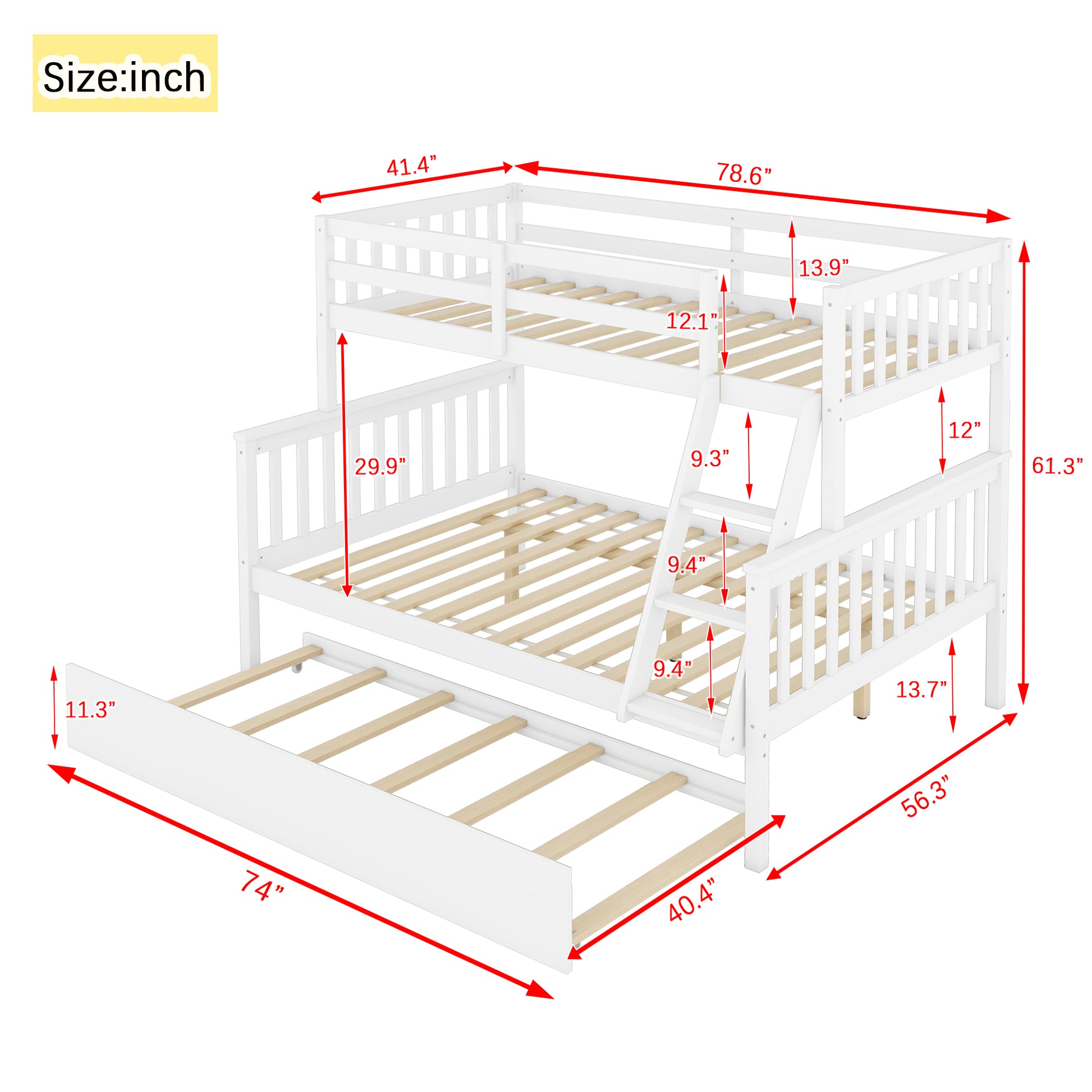 Twin Over Full Rubber Wood Bunk Bed With Trundle, Convertible Ladder And Guardrail, Detachable, Convertible Bed, With Twin Size Trundle ,White Twin White Rubber Wood