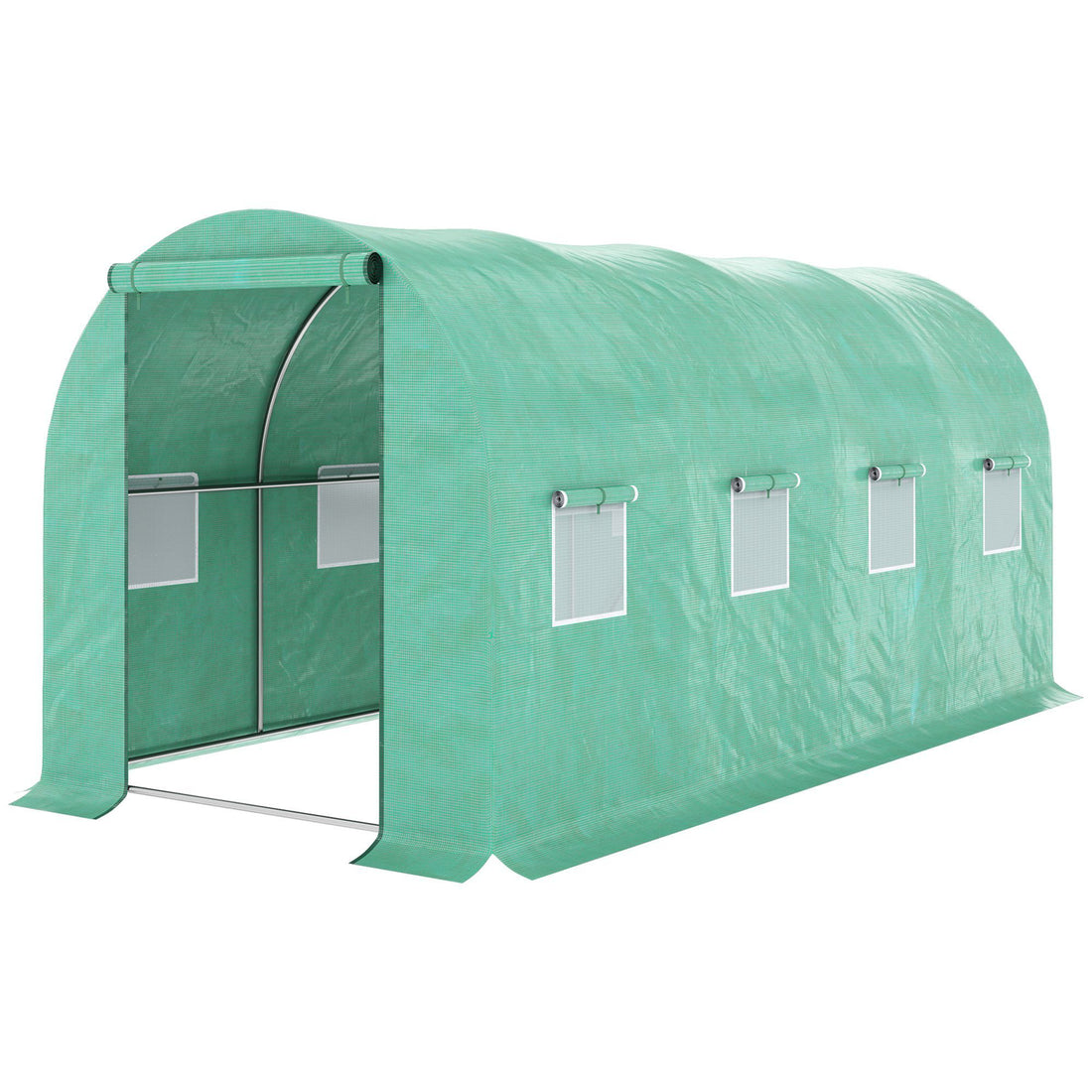 Outsunny 15' X 7' X 6.5' Walk In Tunnel Hoop Greenhouse, Green House With Polyethylene Pe Cover, Steel Frame, Roll Up Zipper Door & Windows For Flowers, Vegetables, Tropical Plants, Green Green Steel