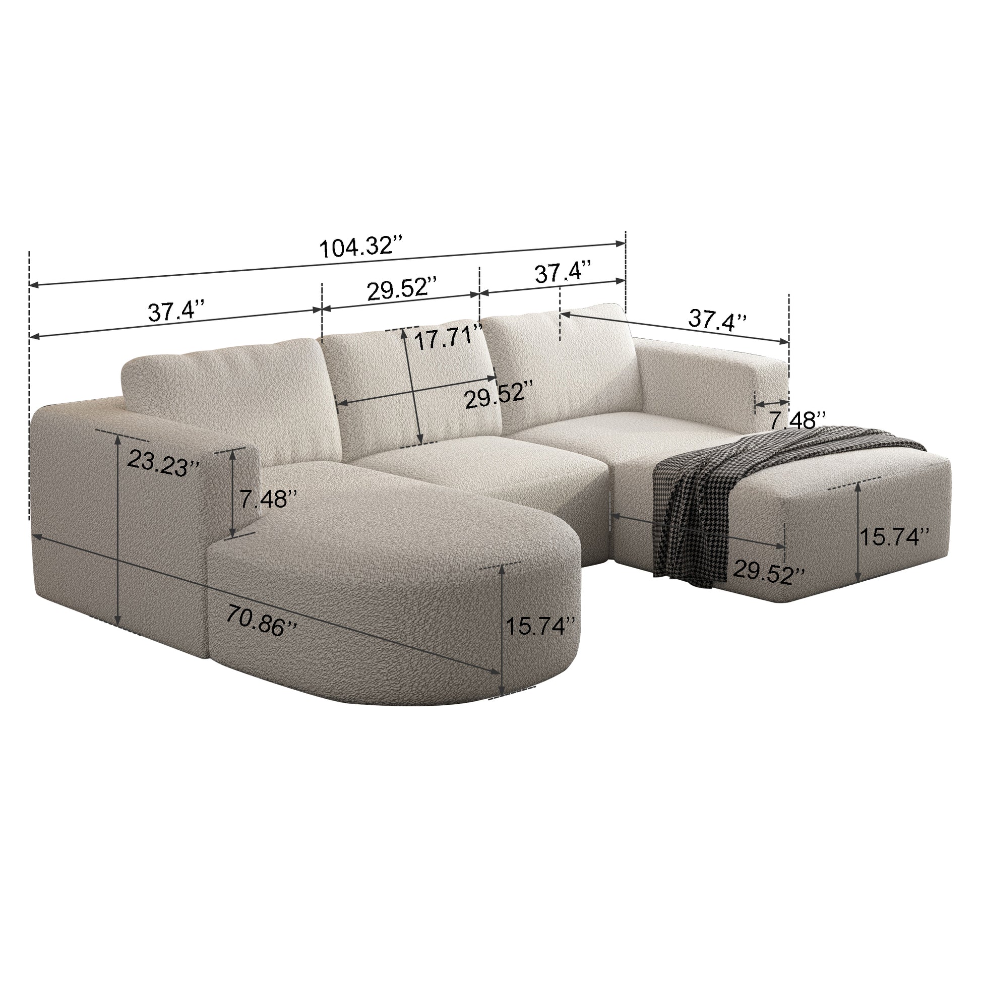 104.32*66.92 Modular Sectional Sofa Sleeper Couch, Sectional Sofa With Chaise And Ottoman, Convertible U Shaped Modular Sofa Set. Compressed Sponge, White. Combo A 2B 2D White Primary Living Space Soft Minimalist,Modern Foam Spring 5 Seat