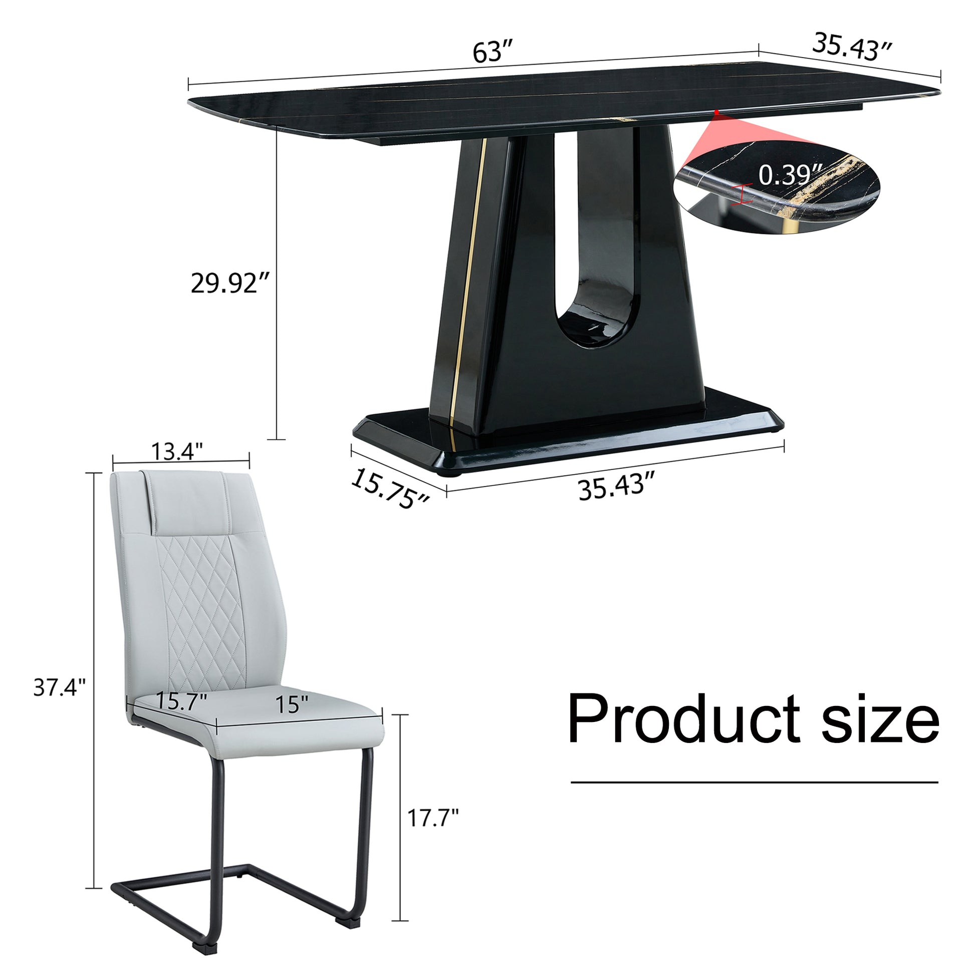 Table And Chair Set, Minimalist Dining Table, Imitation Marble Patterned Glass Tabletop, Mdf Legs With U Shaped Brackets. Paired With Comfortable Chairs, Suitable For Dining And Living Rooms. Black Mdf Glass