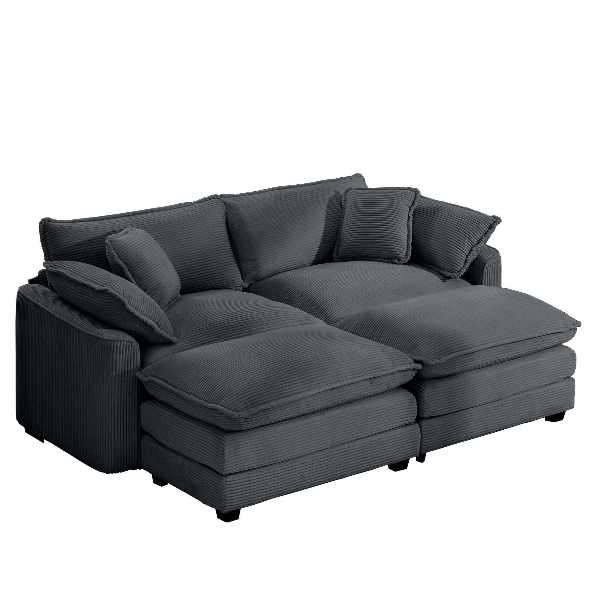 Corduroy Two Seater Sofa With 2 Footrest, 2 Seater Sofa With Ottoman For Small Living Spaces, Grey Corduroy Sofa Grey Corduroy 2 Seat
