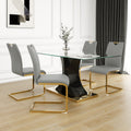 Modern Style Glass Dining Table, Elegant Transparent Design, Solid Support Base, Grey Dining Chair Set, Gold Plated Chair Legs, Suitable For Restaurant Kitchen Use Set Of 5 Grey Gold Seats 4 Mdf Glass
