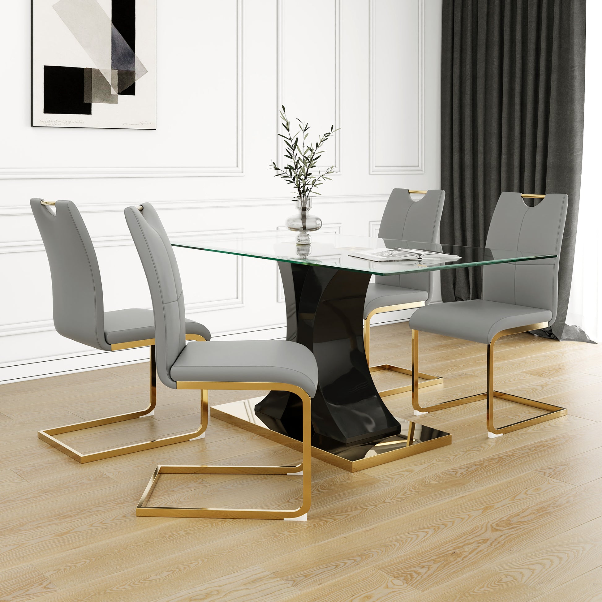 Modern Style Glass Dining Table, Elegant Transparent Design, Solid Support Base, Grey Dining Chair Set, Gold Plated Chair Legs, Suitable For Restaurant Kitchen Use Set Of 5 Grey Gold Seats 4 Mdf Glass
