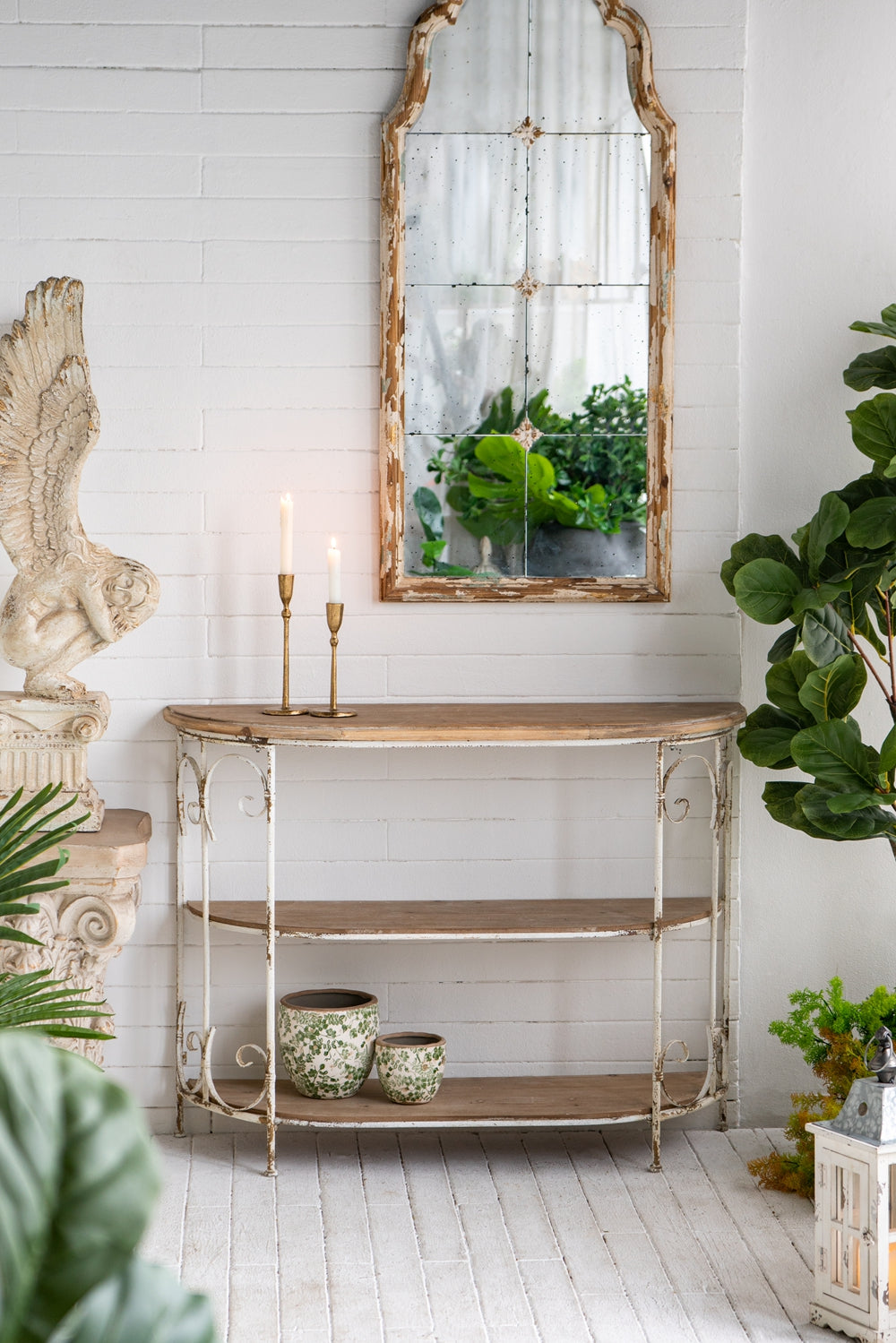 43.5X14X32" Three Tiered White Wooden Shelving Unit With Ornate Iron Frame Multicolor Antique,Boho,Farmhouse,French Country,Rustic Wood Metal