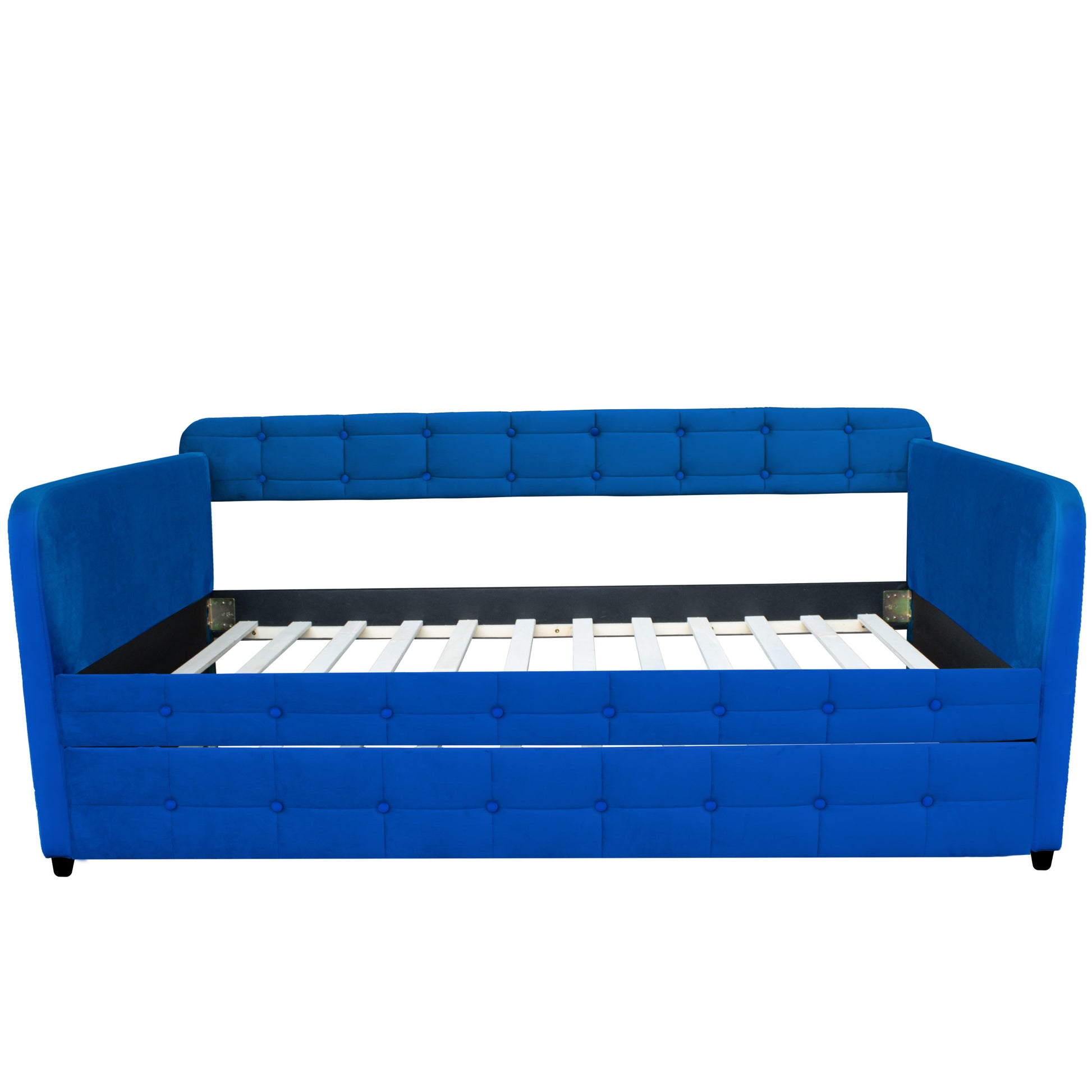 Blue Upholstered Twin Size Daybed With Trundle, Velvet Fabric, No Box Spring Required, Comfortable And Simple Design Models Box Spring Not Required Twin Blue Wood Espresso Bedroom Artsy,Classic,Retro Rubberwood Fiber Foam And Polyester Fiber Pad Velvet