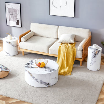 Modern Minimalist Set Of Three Cylinder Marble Patterned Mdf Coffee Tables.The Cylindrical Table With Its Patterned Design Can Be Easily Integrated Into A Variety Of Interior Styles. White Mdf