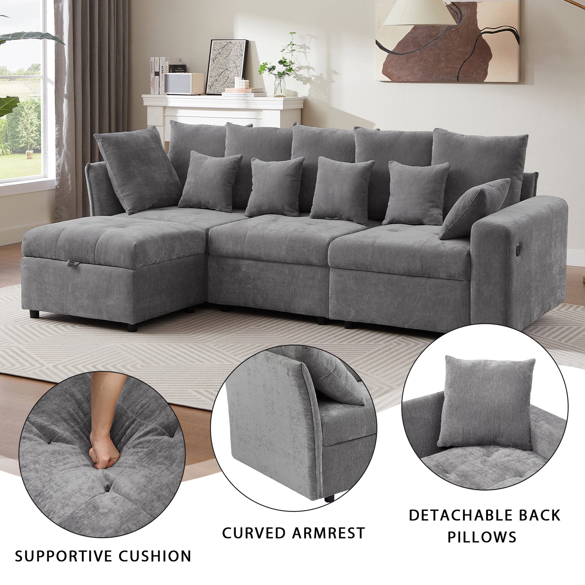 96.45"Sectional Sofa Modular Sofa Couch With Three Usb Ports, A Removable Storage Ottoman And Five Back Pillows For Living Room, Grey Grey Foam Chenille 4 Seat