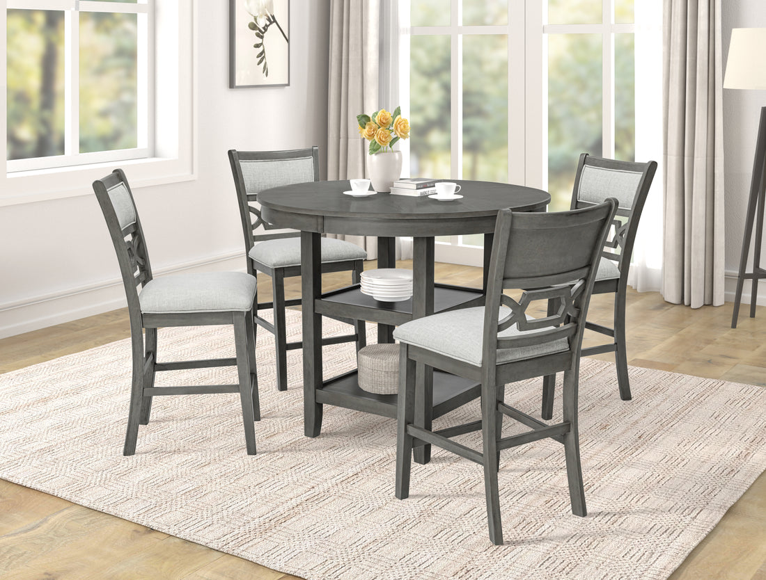 Counter Height Dining 5Pc Pub Height Dining Round Table Set Lower Storage Shelves Dining Room Set Wooden Wood Dining Room Fixed Table Rubberwood Round Dining Table With Chair Wood Wood Gray Seats 4