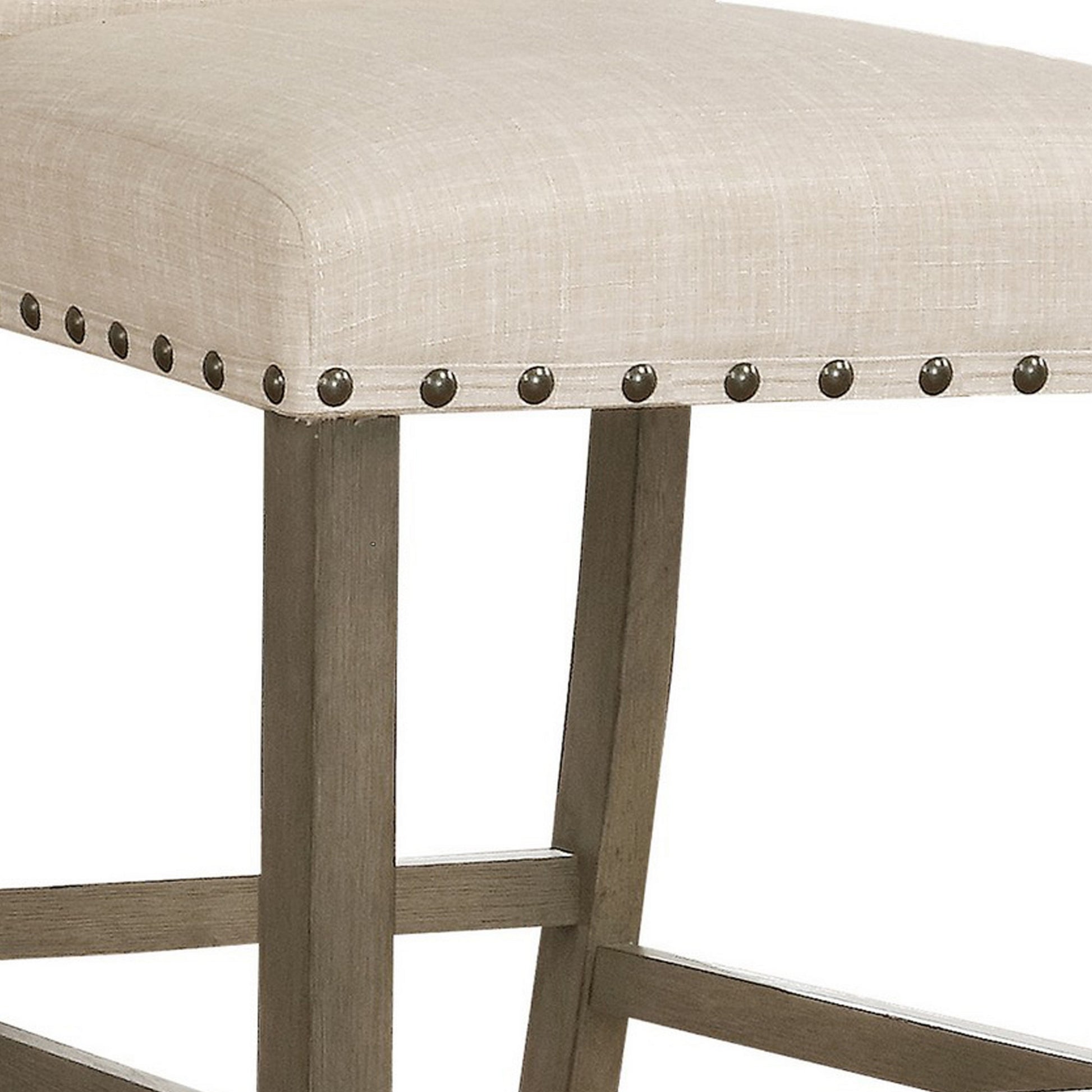Lok 30 Inch Wood Barstool, Set Of 2, Trim, Padded Seating, Beige Beige Brown Solid Wood