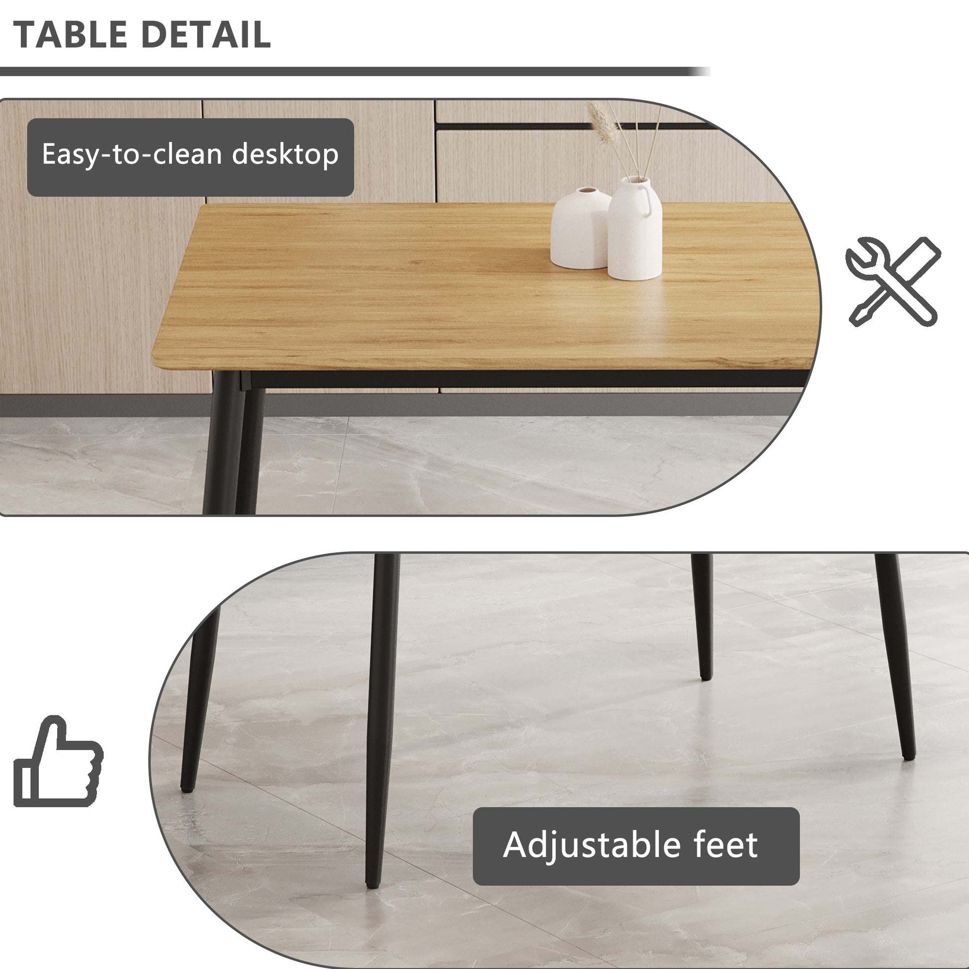 Modern Minimalist Wood Grain Tabletop Dining Table, Stylish Dining Table, Kitchen Dining Table, Sturdy And Durable, Easy To Assemble, Black Metal Leg Design, Suitable For 4 6 People, Suitable For