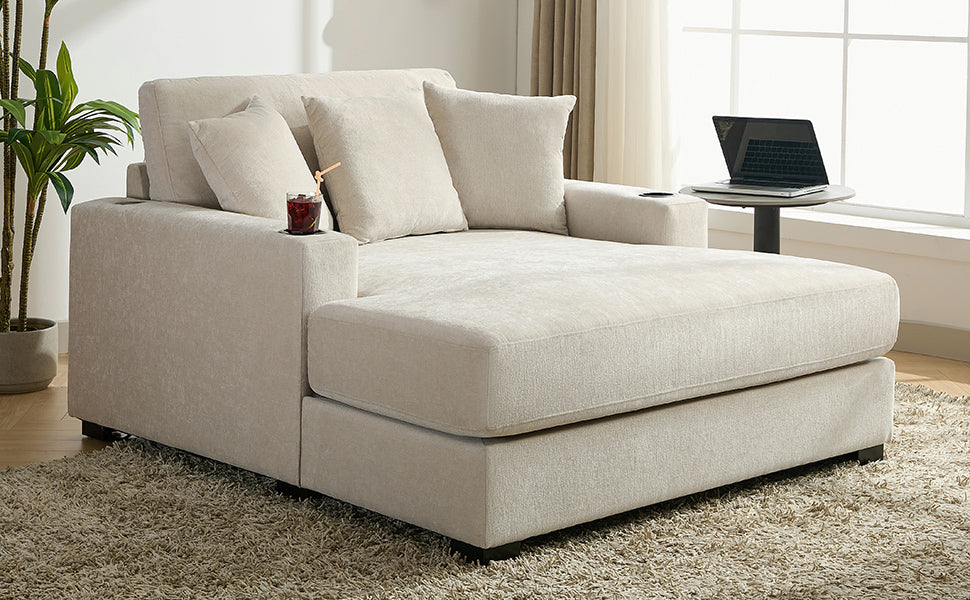 55" Oversized Chaise Lounger Modern Style Sofa Couch ,With Pillows, Charge Station & Cup Holders, Chenille Fabric, Cream Cream Chenille