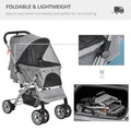 Pawhut Travel Pet Stroller For Dogs, Cats, One Click Fold Jogger Pushchair With Swivel Wheels, Braket, Basket Storage, Safety Belts, Adjustable Canopy, Zippered Mesh Window Door, Grey Grey Steel