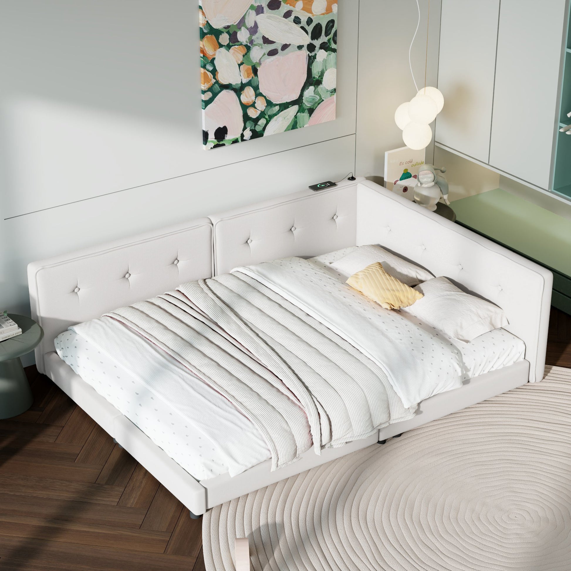 Upholstered Full Size Platform Bed With Usb Ports, Beige Full Beige Linen