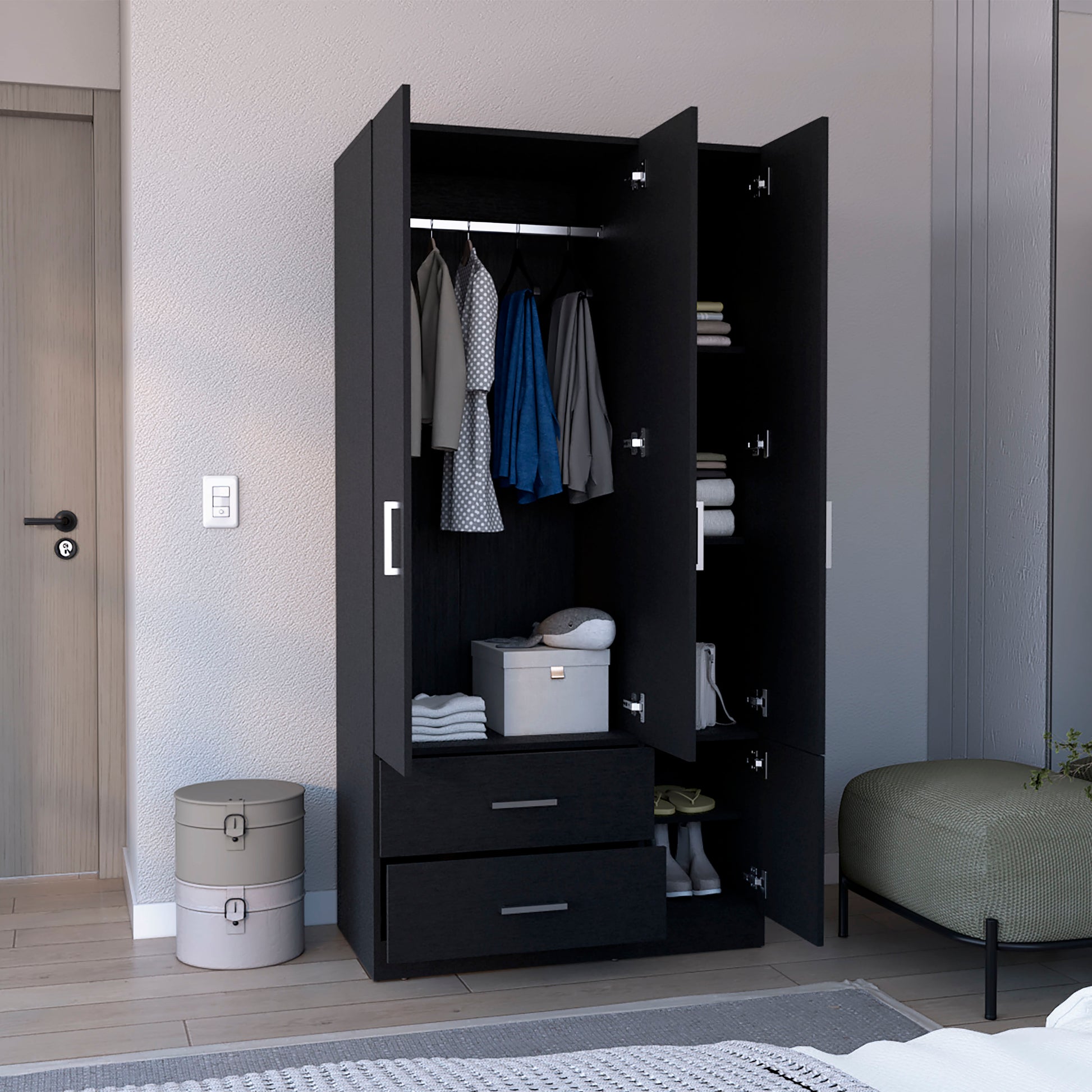 Armoire Wardrove 71", 4 Doors, Hanging Rod, 3 Cabinets, 6 Shelves, Black Black Solid Wood Mdf Engineered Wood