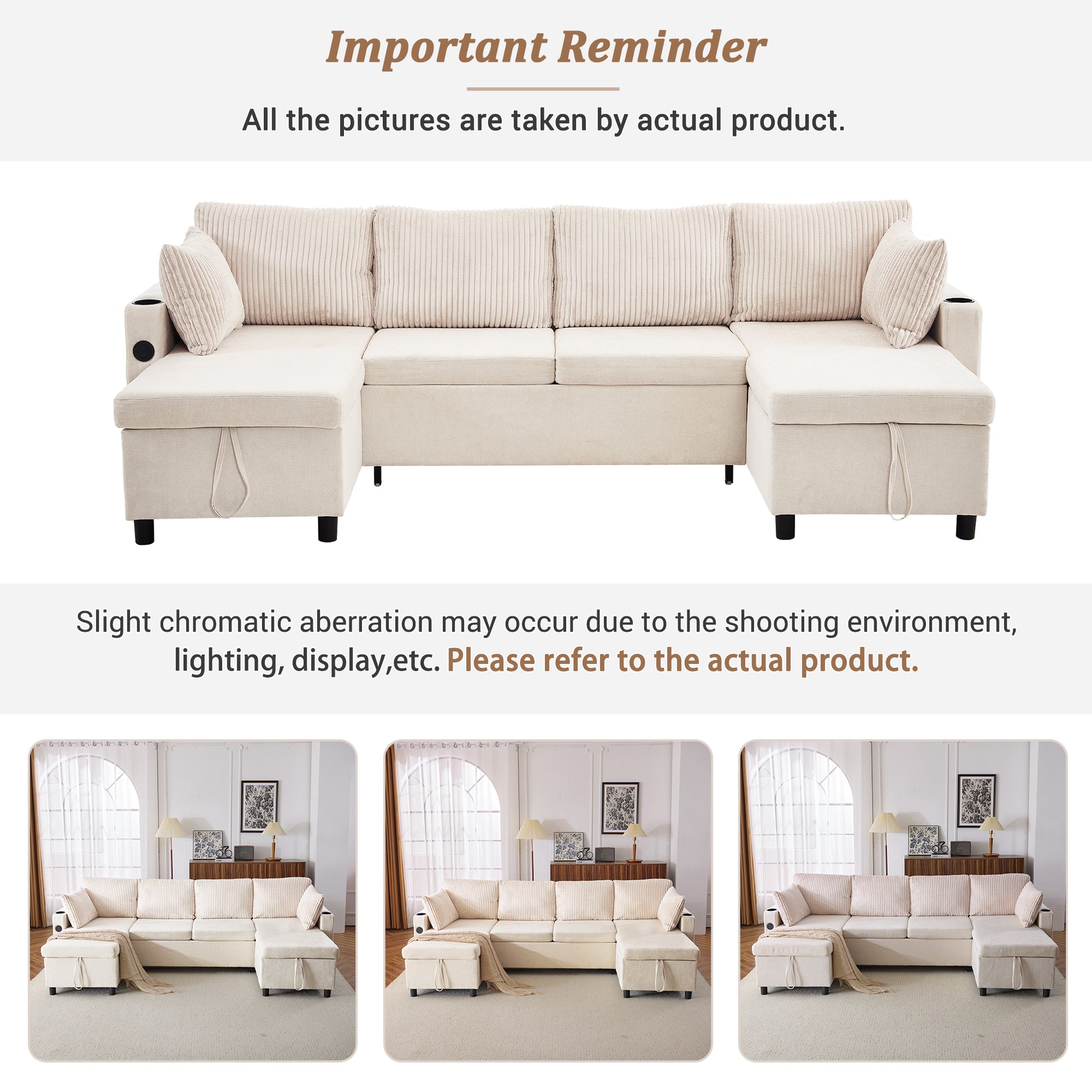 111.8" Sectional Sofa Pull Out Sofa Bed Versatile Sofa Sleeper With Large Storage Space, Two Usb Ports And Two Cup Holders For Living Room, Beige Beige Foam Chenille 4 Seat