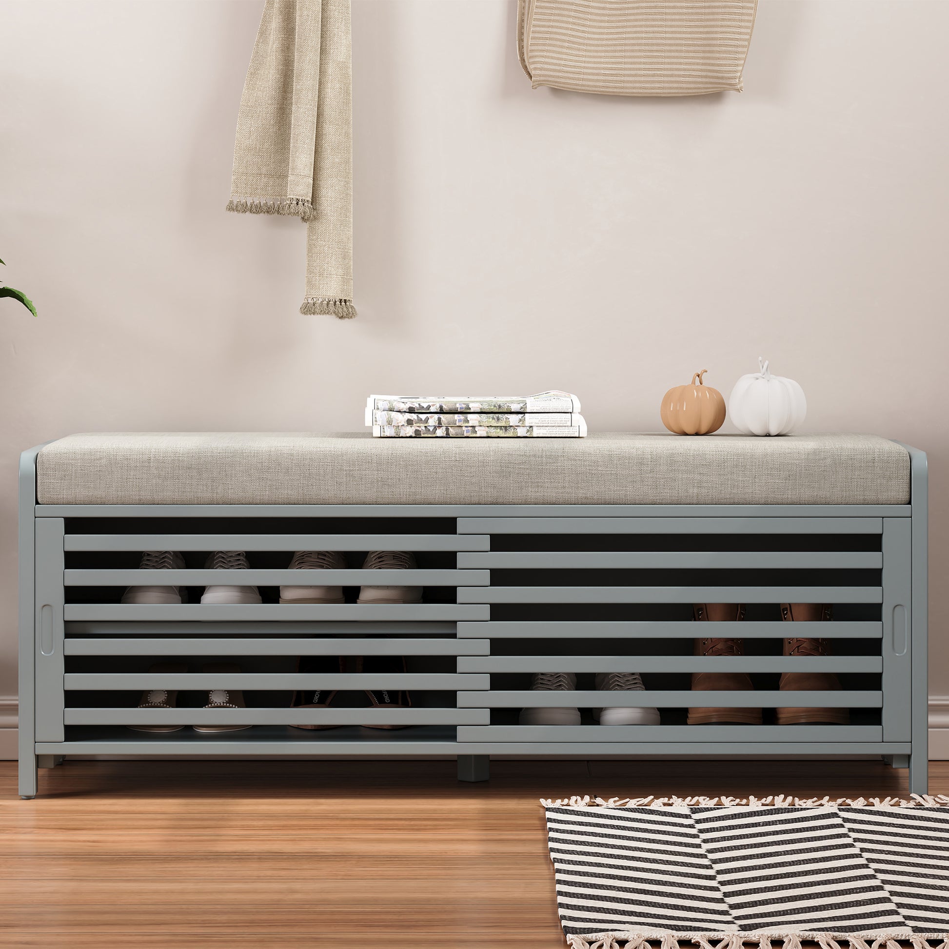 Distressed Shutter Storage Bench With Acacia Veneer For Retro Charm For Living Room, Entryway Grey Grey Mdf