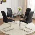 A Modern Minimalist Round Transparent Tempered Glass Table With Silver Metal Legs And 4 Modern Pu Leather High Backed Dining Chairs For A Luxurious Experience. Black Seats 4 Glass Metal