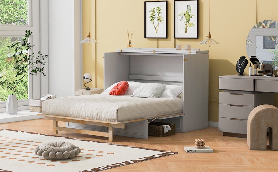 Full Size Murphy Bed With Large Drawers,White Full White Plywood
