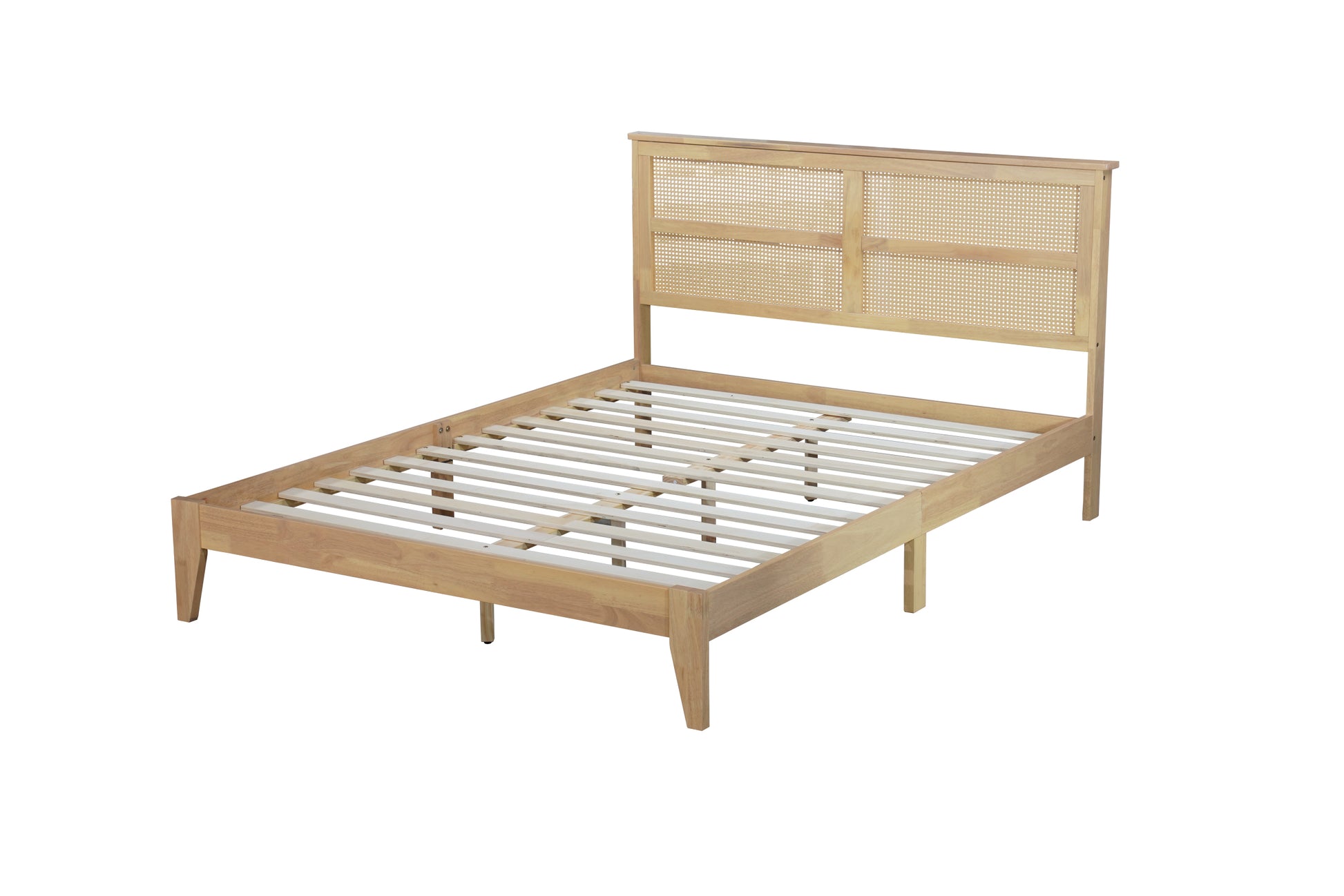 Queen Size Rubber Wooden, Solid Wooden Bed With Rattan Headboard, Enhanced By Support Feet Queen Natural American Design Rubber Wood