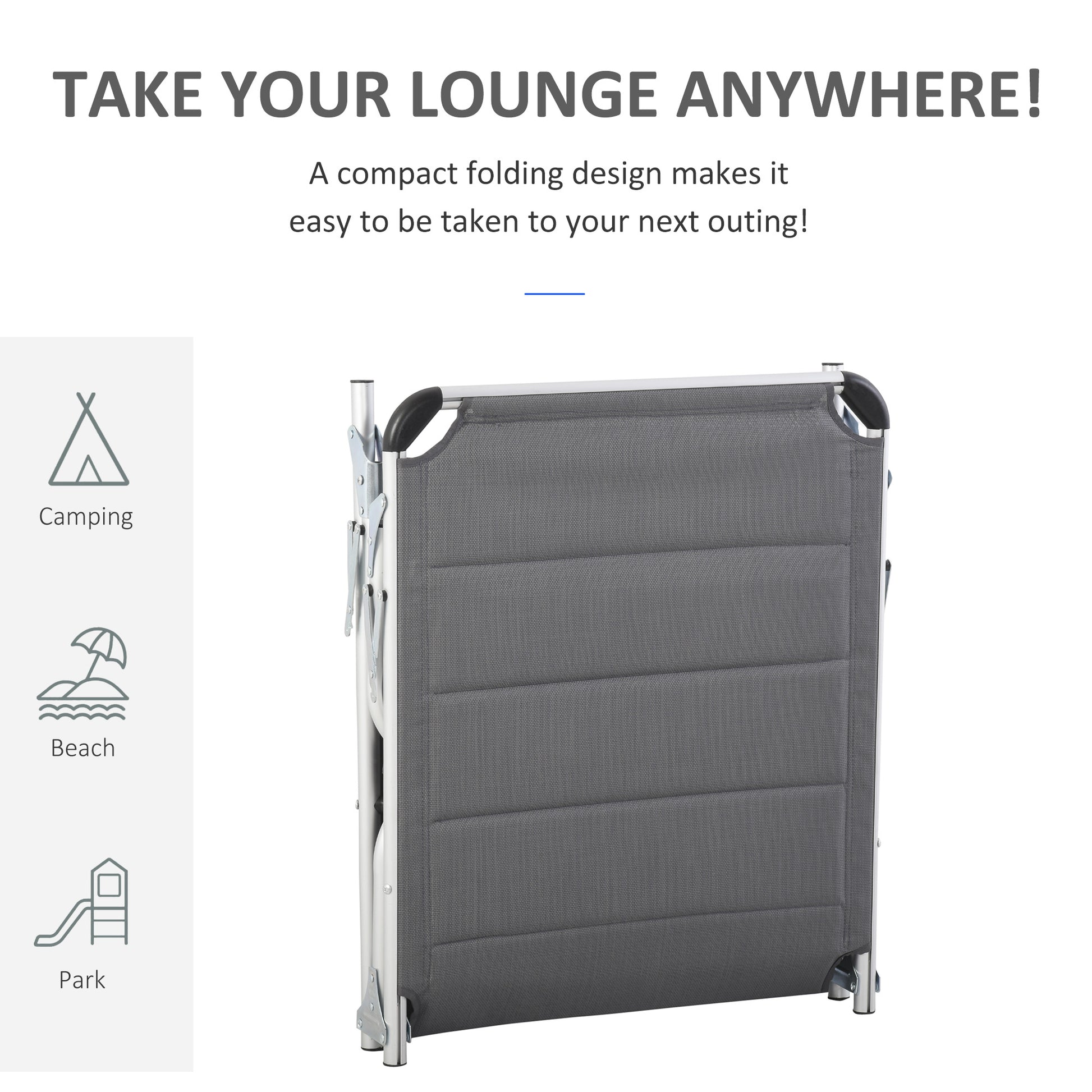 Outsunny Foldable Outdoor Chaise Lounge Chair, 5 Level Reclining Camping Tanning Chair With Aluminum Frame, Padding, And Headrest For Beach, Yard, Patio, Pool, Gray Gray Aluminium