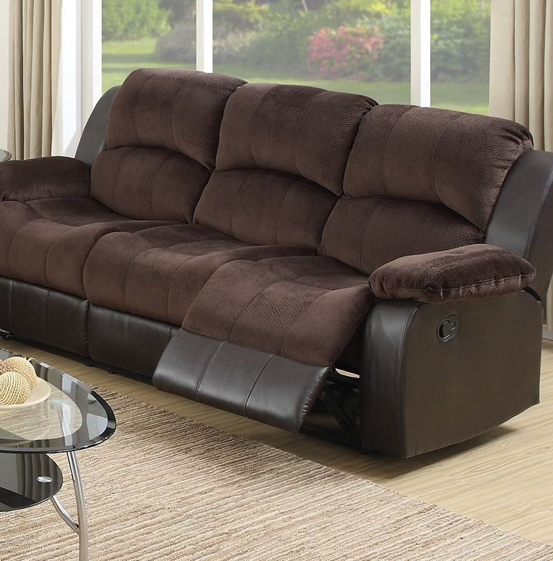 Motion Sofa 1Pc Living Room Furniture Chocolate Padded Suede W. Faux Leather Plush Cushion 3 Seat Couch Chocolate Suede Metal Primary Living Space Contemporary Pillow Top Arms Bonded Leather 3 Seat