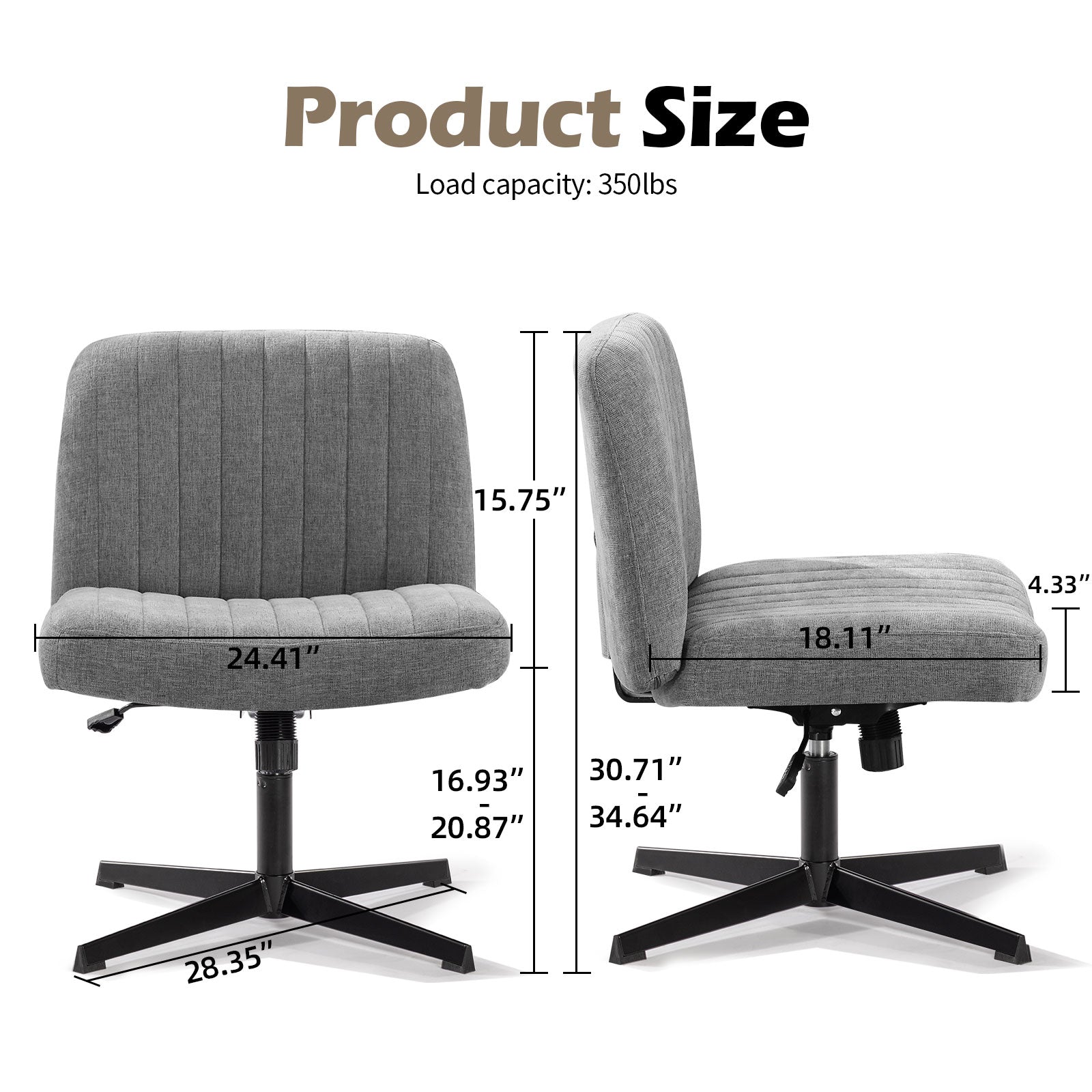 Office Chair Armless Desk Chair No Wheels, Fabric Padded Wide Seat Home Office Chairs, 115 Rocking Mid Back Cute Computer Chair For Bedroom, Vanity, Makeup,Dark Grey Dark Grey Foam Cotton Linen