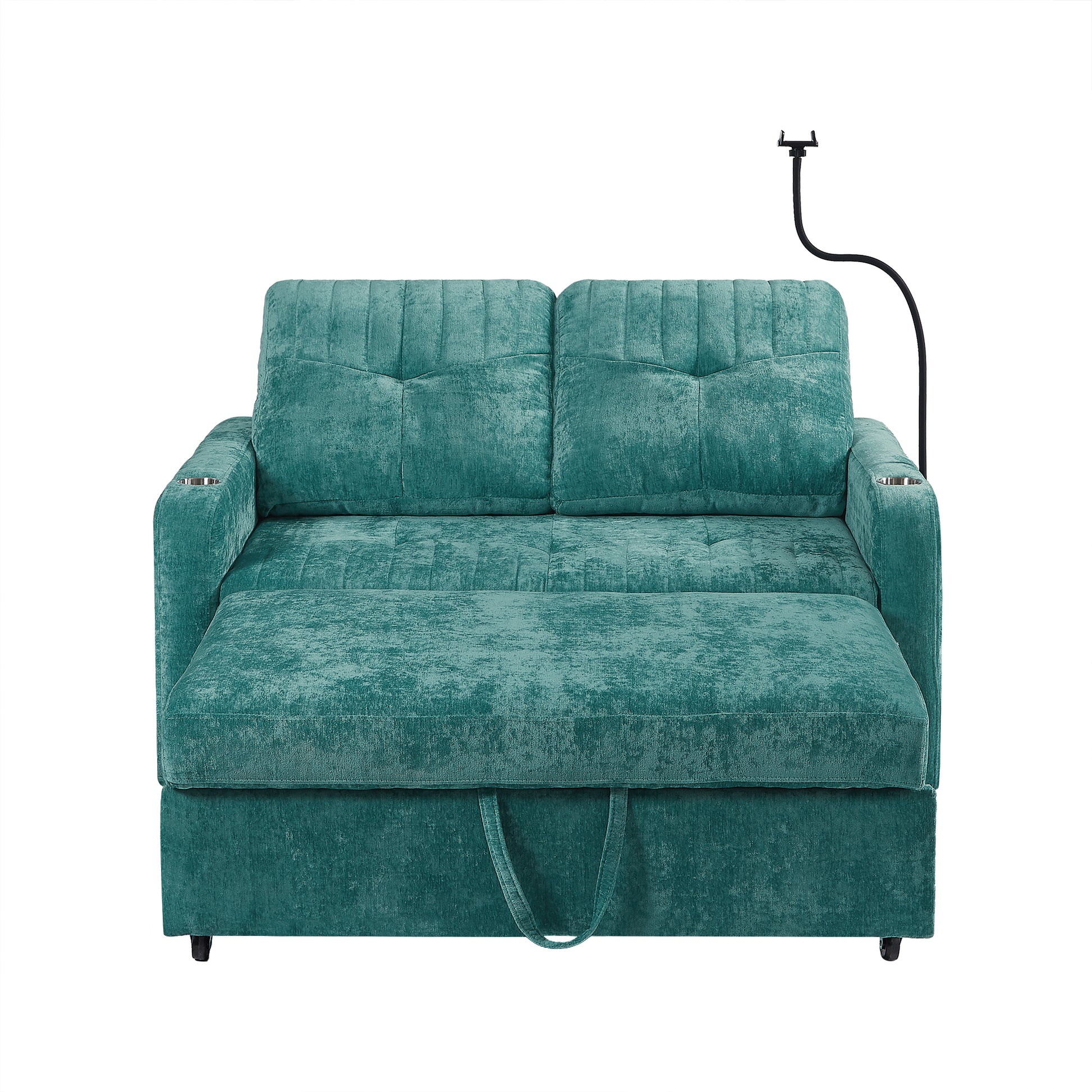 53.9" Modern Loveseat Pull Out Sofa Bed With Adjustable Backrest, Two Cup Holdersa Phone Holder, Three Charging Ports And Side Storage Pockets For Living Room, Teal Teal Foam Chenille