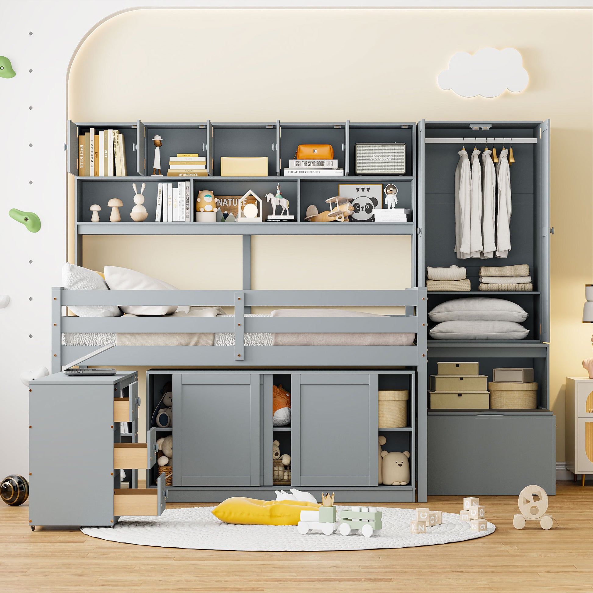 Full Size Wooden Loft Bed Big Storage With Under Bed Desk, With Drawers, With Shelves, Gray Full Gray Plywood