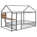 Full Size Metal Bed House Bed Frame With Desk, Shelves, Power Outlets And Usb Ports, Black Full Black Metal