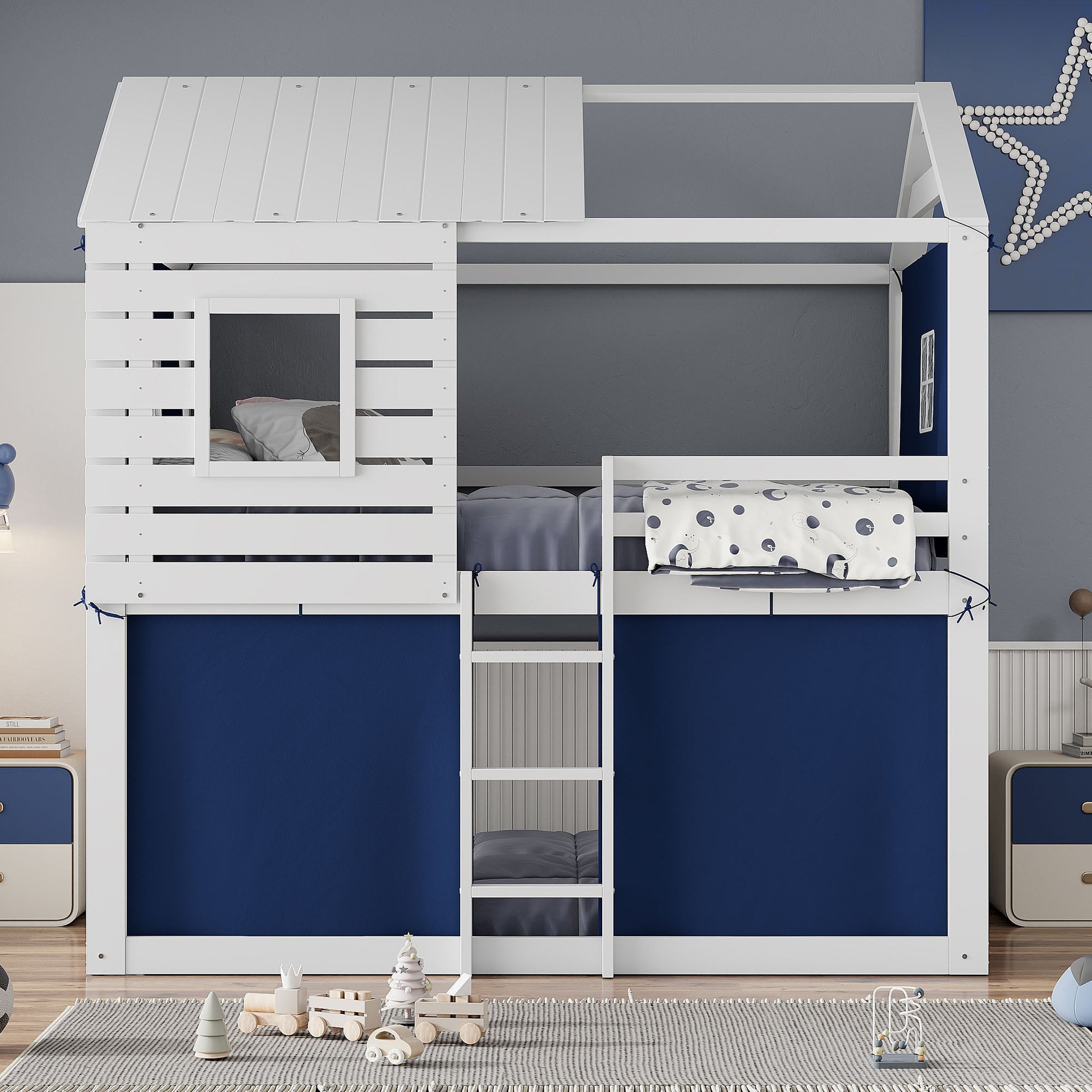 Full Size Bunk Wood House Bed With Tent, Blue White Full Blue Solid Wood Mdf